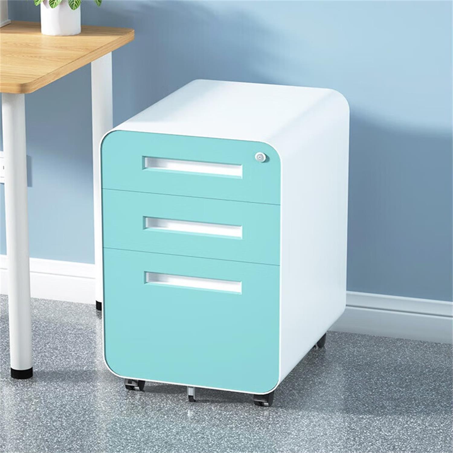 Simple Style 3 Drawer Mobile File Cabinet Under Desk Office Storage in White+Green, Metal, 18x15.75x22.83 inches