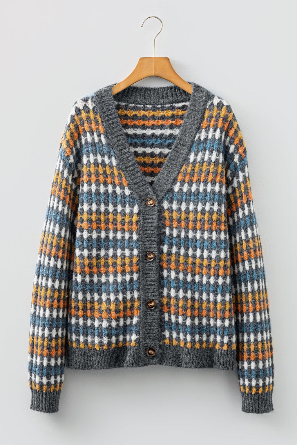 Dotted Diamond Knit Button-Up V-Neck Sweater Cardigan