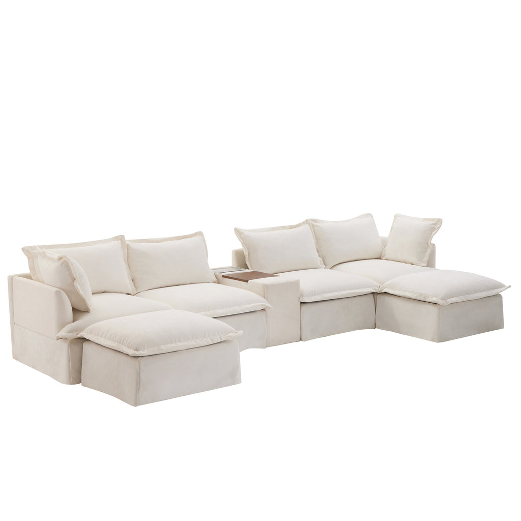 [VIDEO+NEW]131'' Modular Sectional Sofa with Movable Ottoman and Console,Cup Holder,Wide Seat,6 Seat U Shaped Couch,Oversized Chenille Sofa with USB Charger for Living Room,Apartment,2 Colors