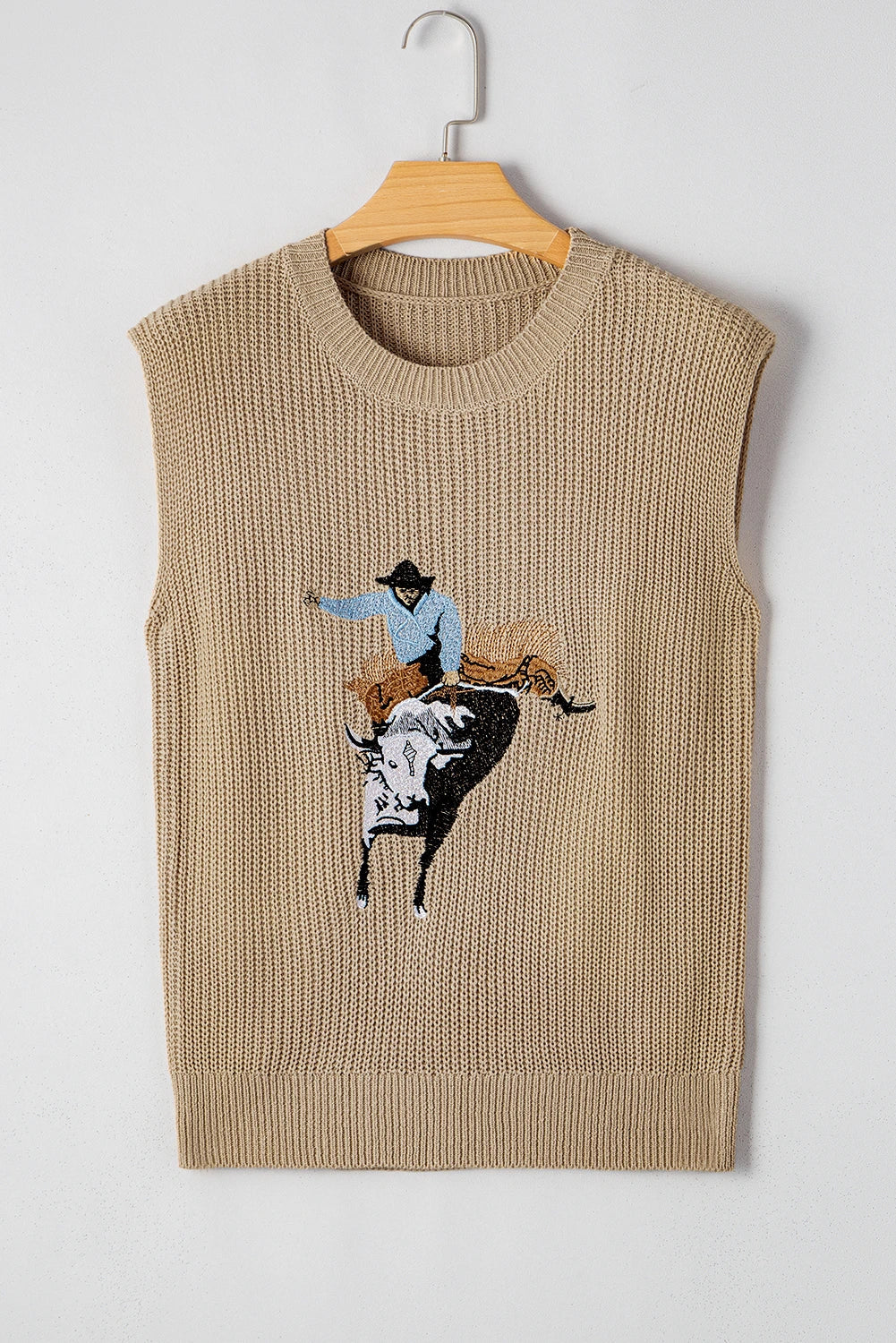 Western Cowboy Embroidered Round Neck Sleeveless Sweater