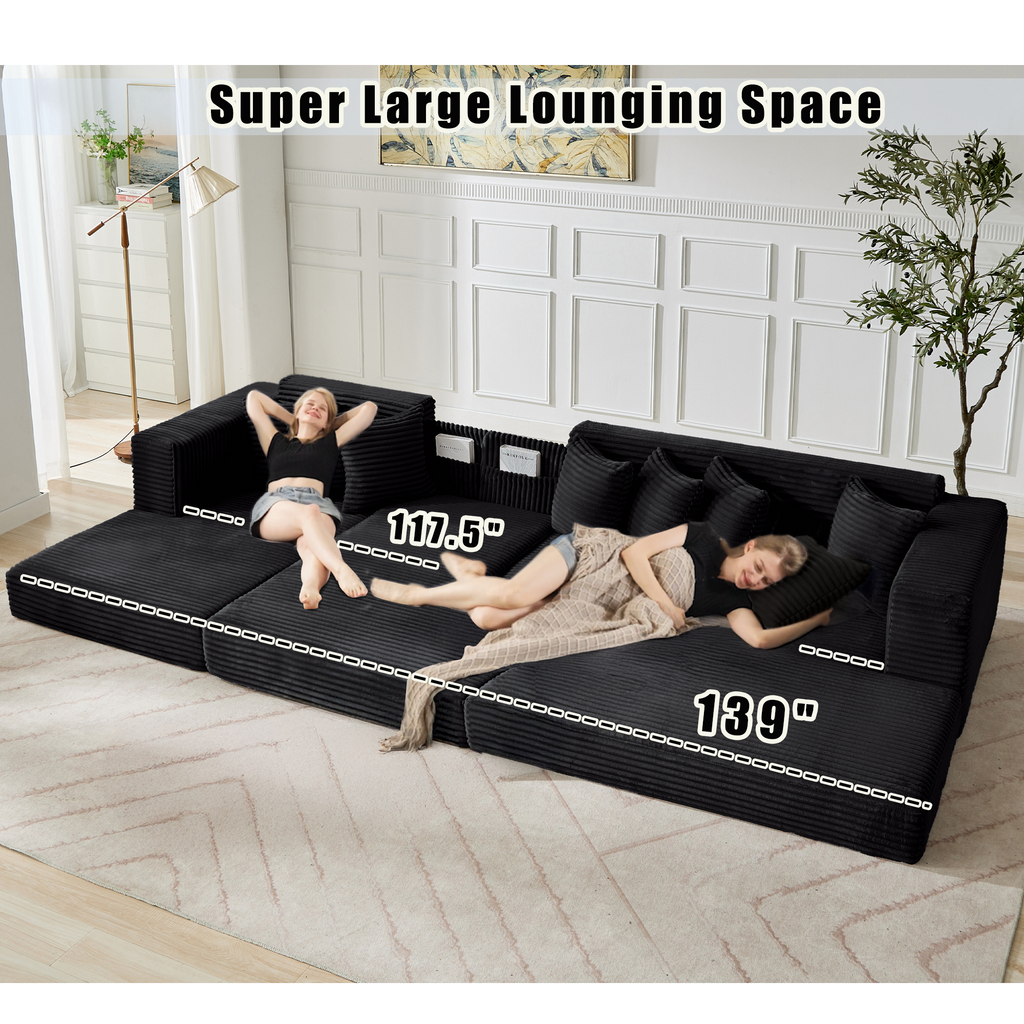 [NEW ARRIVED] [VIDEO PROVIDED] Oversize Cloud Sectional Couch, L-Shape Sofa, Convertible Floor Sleeper Sofa Bed, No Assembly ,Eight pillows,3-in-1,Side Pocket,(Left Facing Sofa),3 Seat,Corduroy,Black