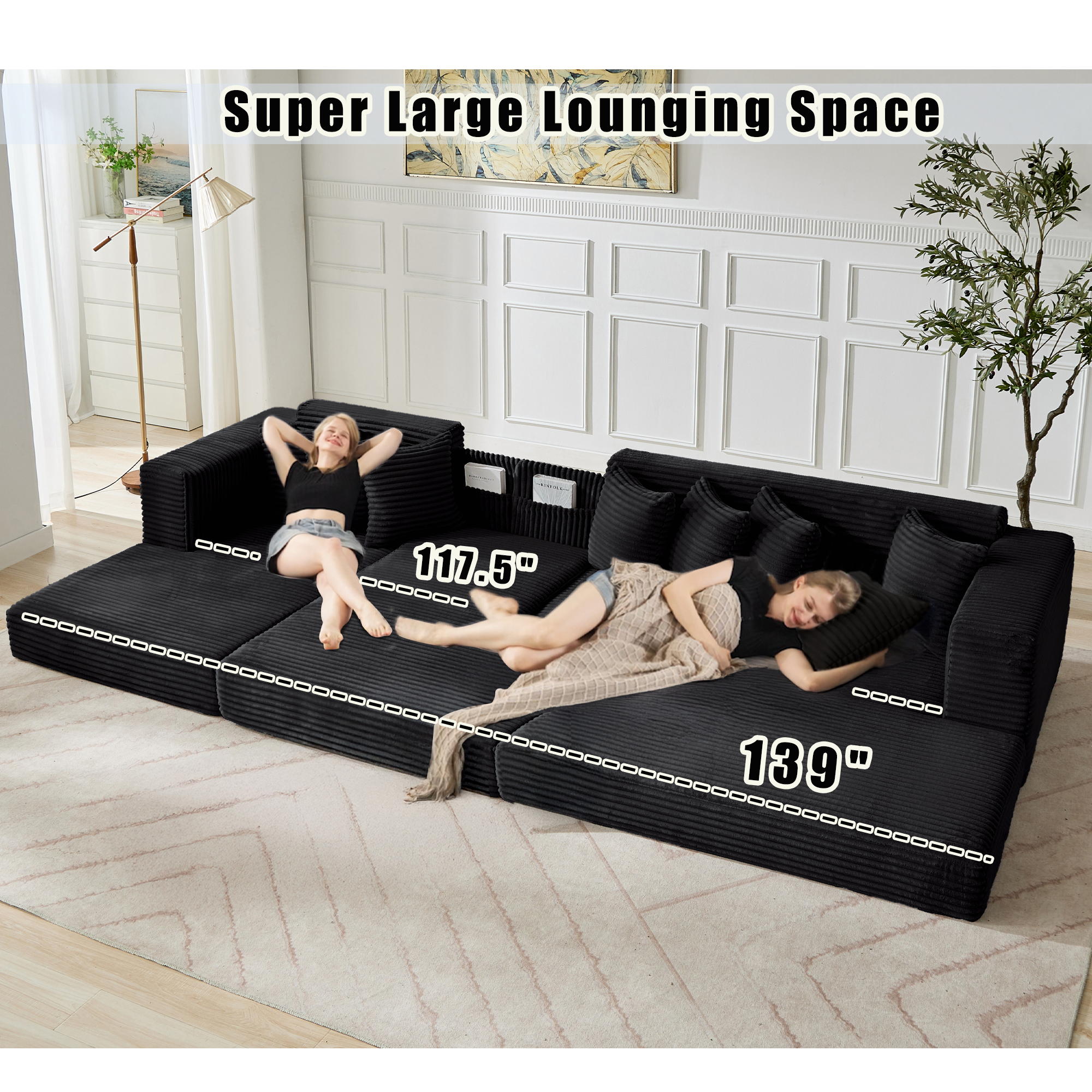 [NEW ARRIVED] [VIDEO PROVIDED] Oversize Cloud Sectional Couch, L-Shape Sofa, Convertible Floor Sleeper Sofa Bed, No Assembly ,Eight pillows,3-in-1,Side Pocket,(Left Facing Sofa),3 Seat,Corduroy,Black