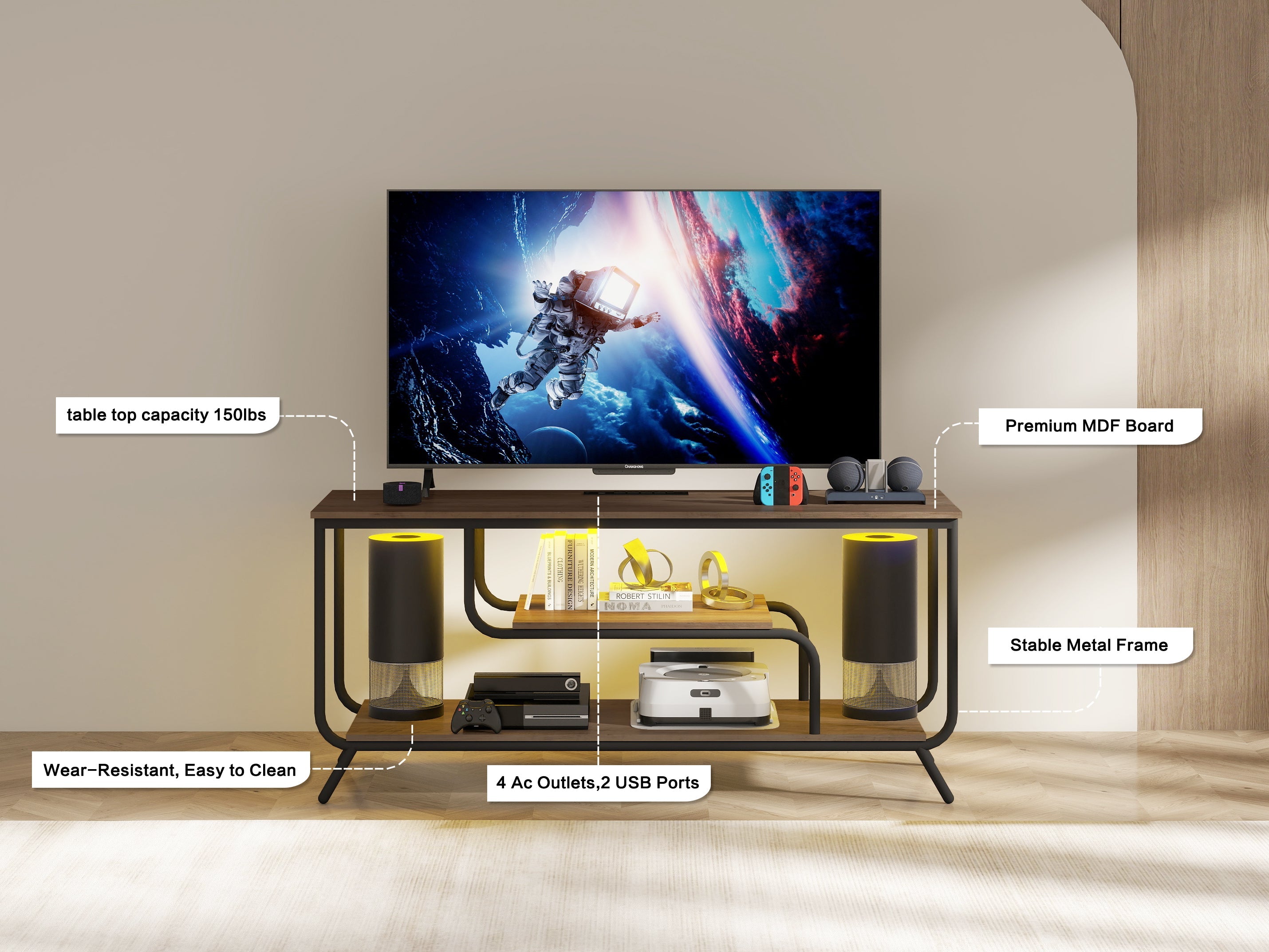 There are installation videos and scene videos. TV socket and LED light - TV stand TV up to 55 ', small unit modern TV console suitable for living room and bedroom, light grey