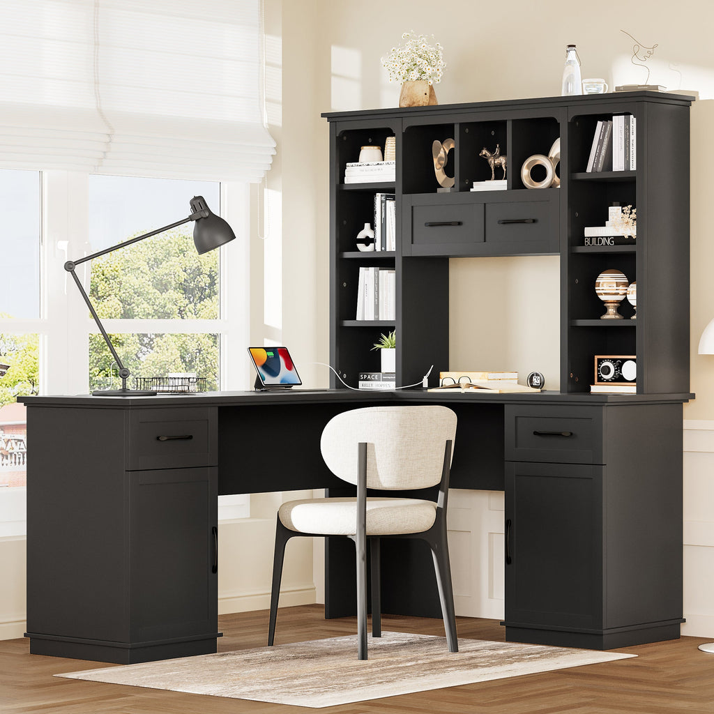 L-shaped computer desk with 2 cabinets and 2 drawers underneath the table, 11 open shelves and a flip-up shelf with storage on the right side, suitable for study, living room and office, Black