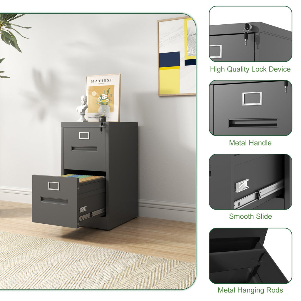 Premium Metal 2 Drawer File Cabinet with Lock for A4 Legal/Letter Size Documents, Black Steel, 28.5 Inches
