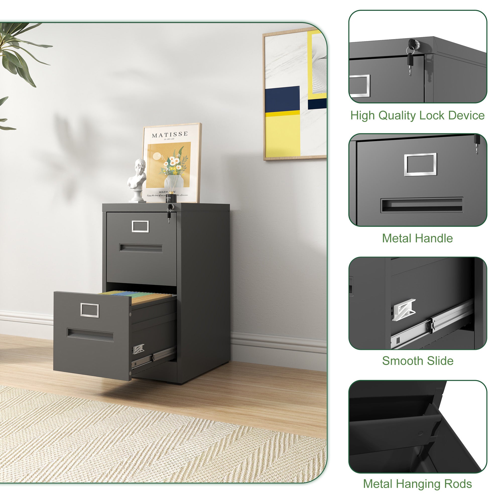 Premium Metal 2 Drawer File Cabinet with Lock for A4 Legal/Letter Size Documents, Black Steel, 28.5 Inches
