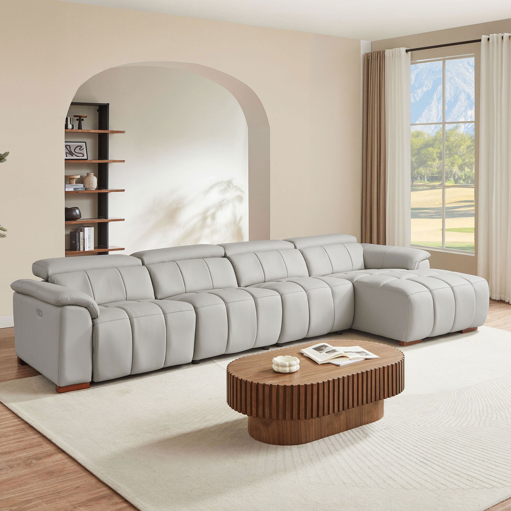 4 Seats Wall-Hugger Reclining Sofa Modern Electric Control Genuine Leather L Shaped Couch,Lounge Seat Theater Seating Furniture with USB Port, Sofa with Headrest & Footrest for Living Room,Apartment