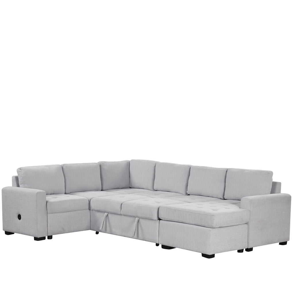 U_Style Sectional Sleeper Sofa with Pull-out Bed and Lounge Chair, USB and Type-C Interfaces, Suitable for Living Room, Office, and Spacious Spaces