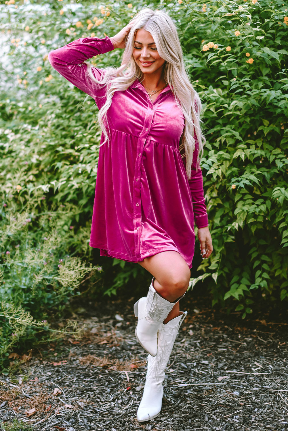 Velvet Ruffle Buttoned Long Sleeve Dress