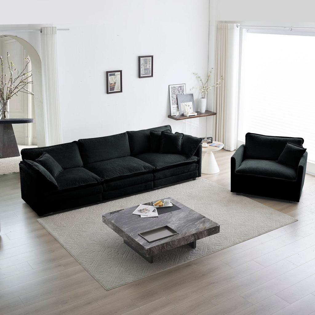 Modern Sofa Couch, 3 Piece Set Extra Deep Seat Sectional Sofa for Living Room, Oversized Sofa, 3 Seat Sofa, Loveseat and Single Sofa, Black Chenille