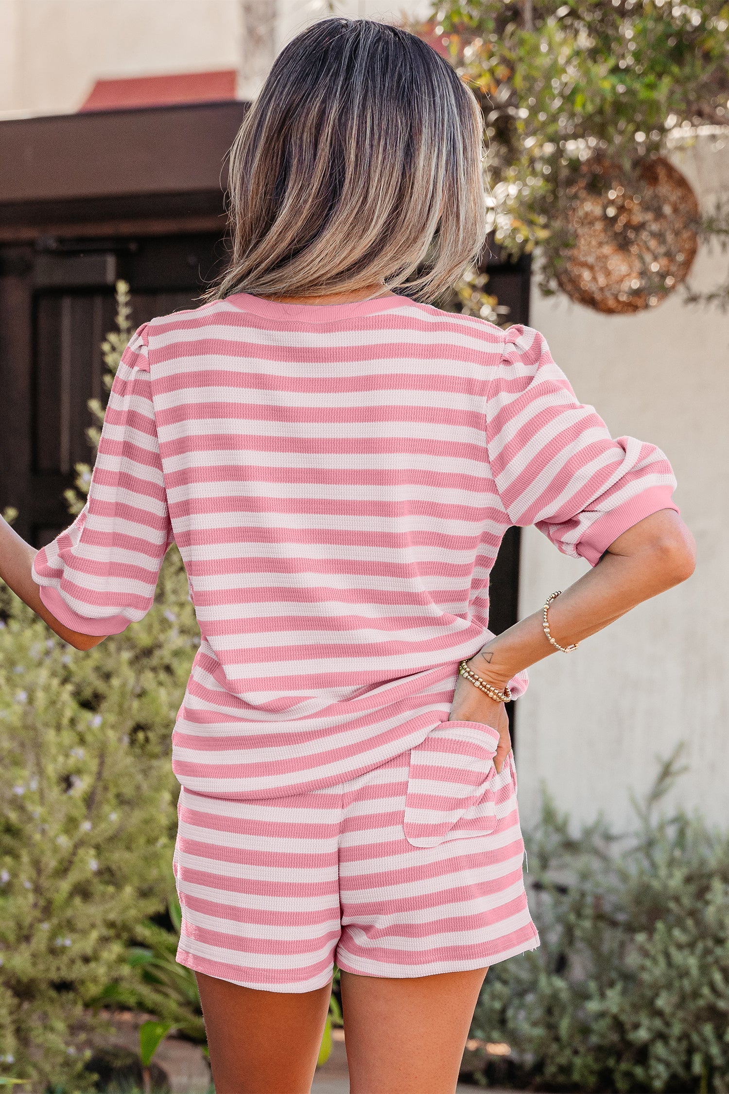Stripe Puff Sleeve T-Shirt & Drawstring Shorts Set