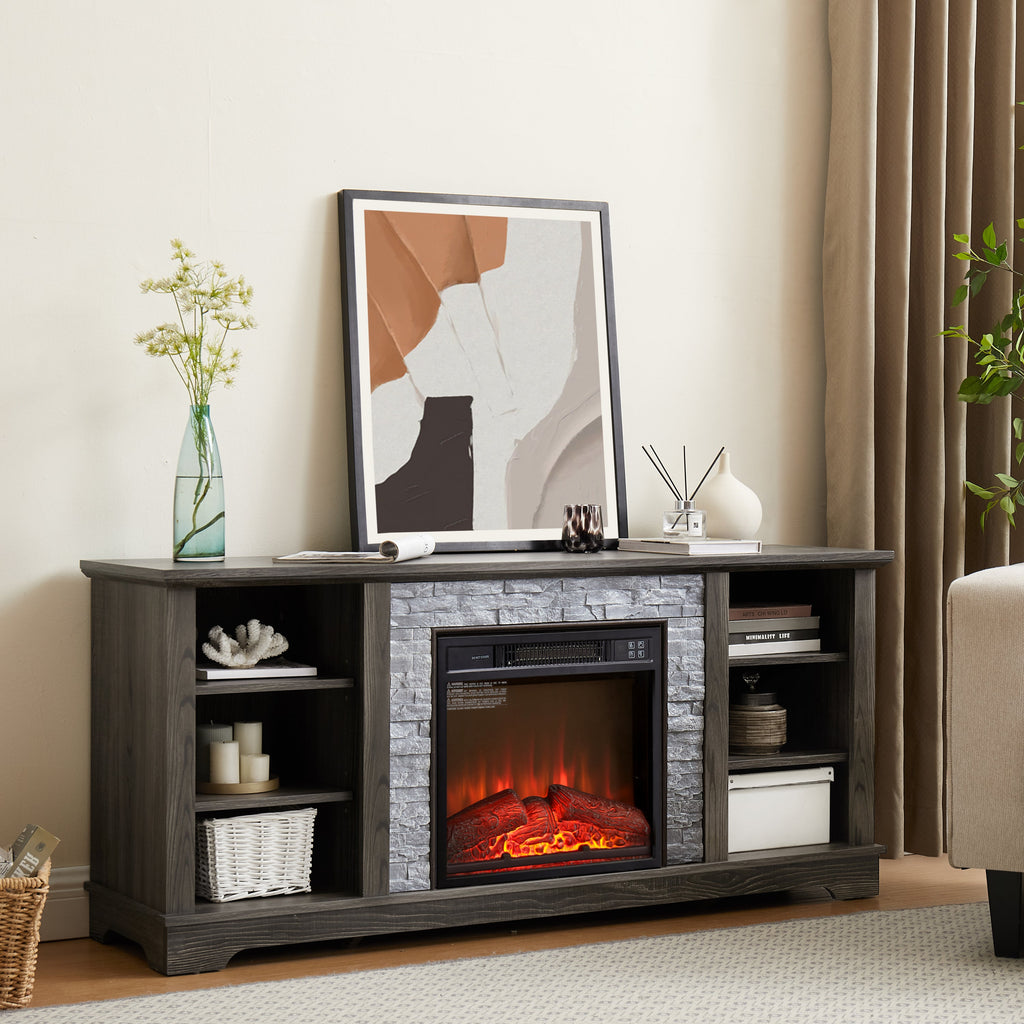 Mantel Electric Fireplace Stone TV Media Stand with Faux Stacked Stone Surround, Modern Entertainment Console with Open Storage Space with 18' Fireplace Insert ,Grey, 58.31'W*15.39'D*26.06'H