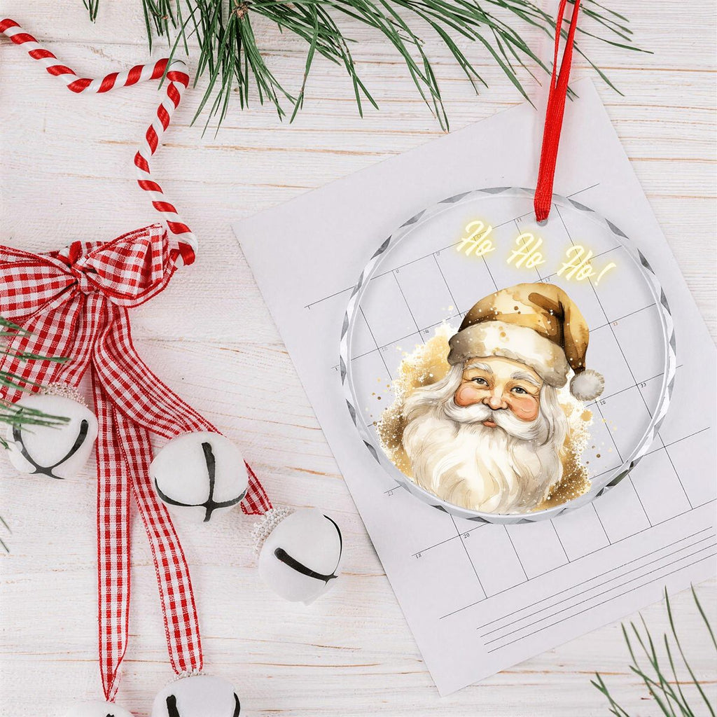 Ho Ho Ho! Golden Santa Claus Round Glass Christmas Ornament (Made in USA)