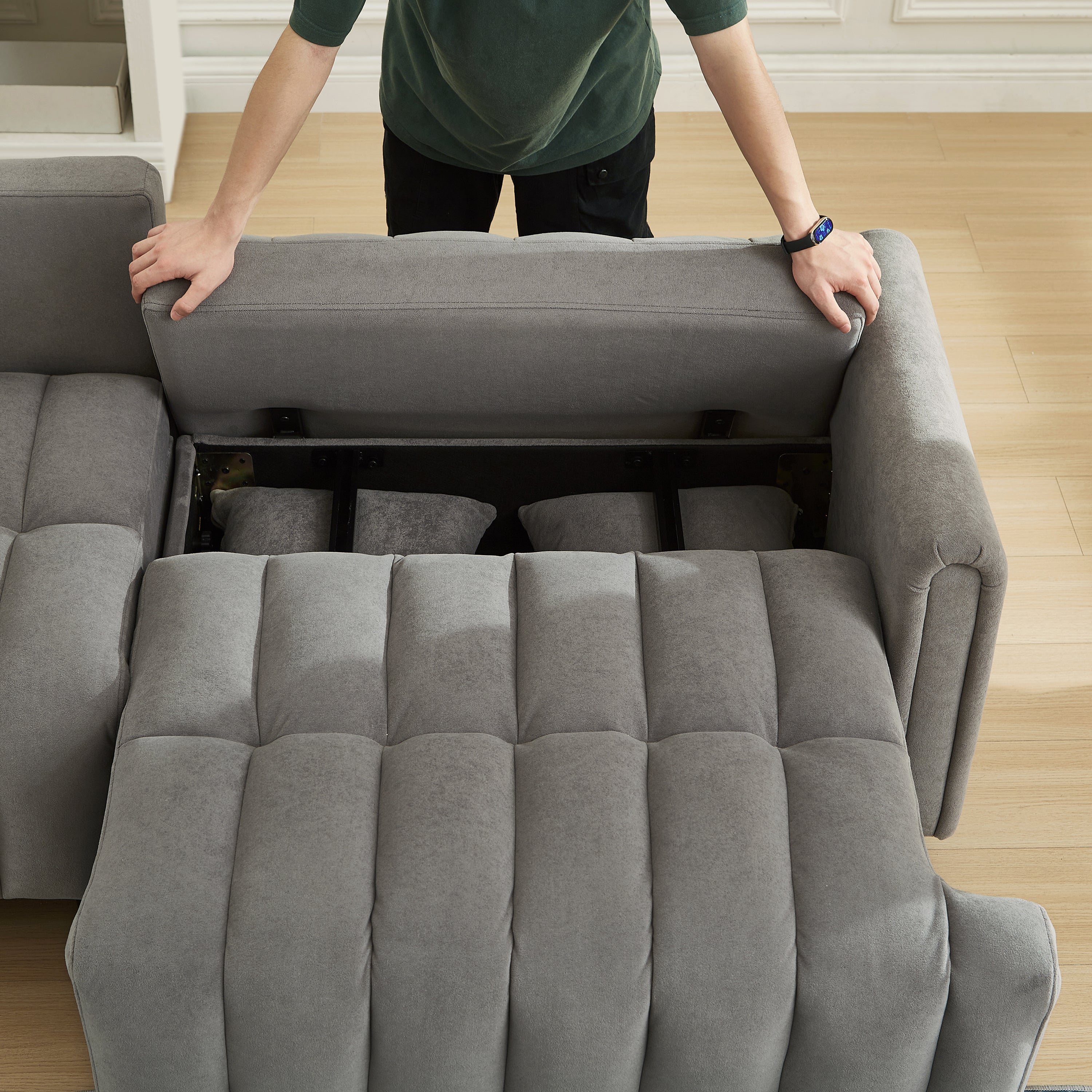 83'' Futon Sofa Bed, Polyester Fabric Comfy Futon Couch Bed with 2 Square Pillows, Convertible Sleeper Sofa with Adjustable Backrest,  Modern Loveseat Sleeper for Living Room, Gray