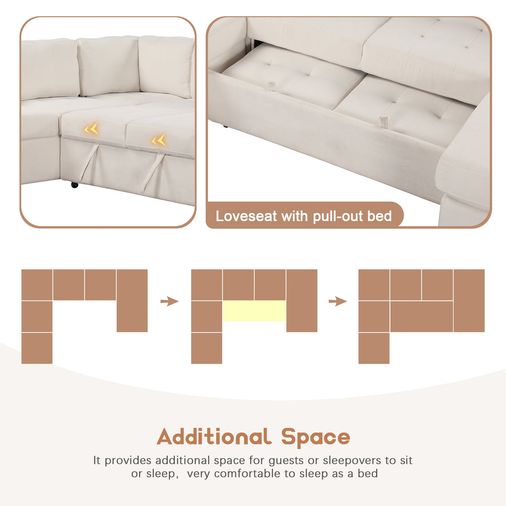 U_Style Sectional Sleeper Sofa with Pull-out Bed and Lounge Chair, USB and Type-C Interfaces, Suitable for Living Room, Office, and Spacious Spaces