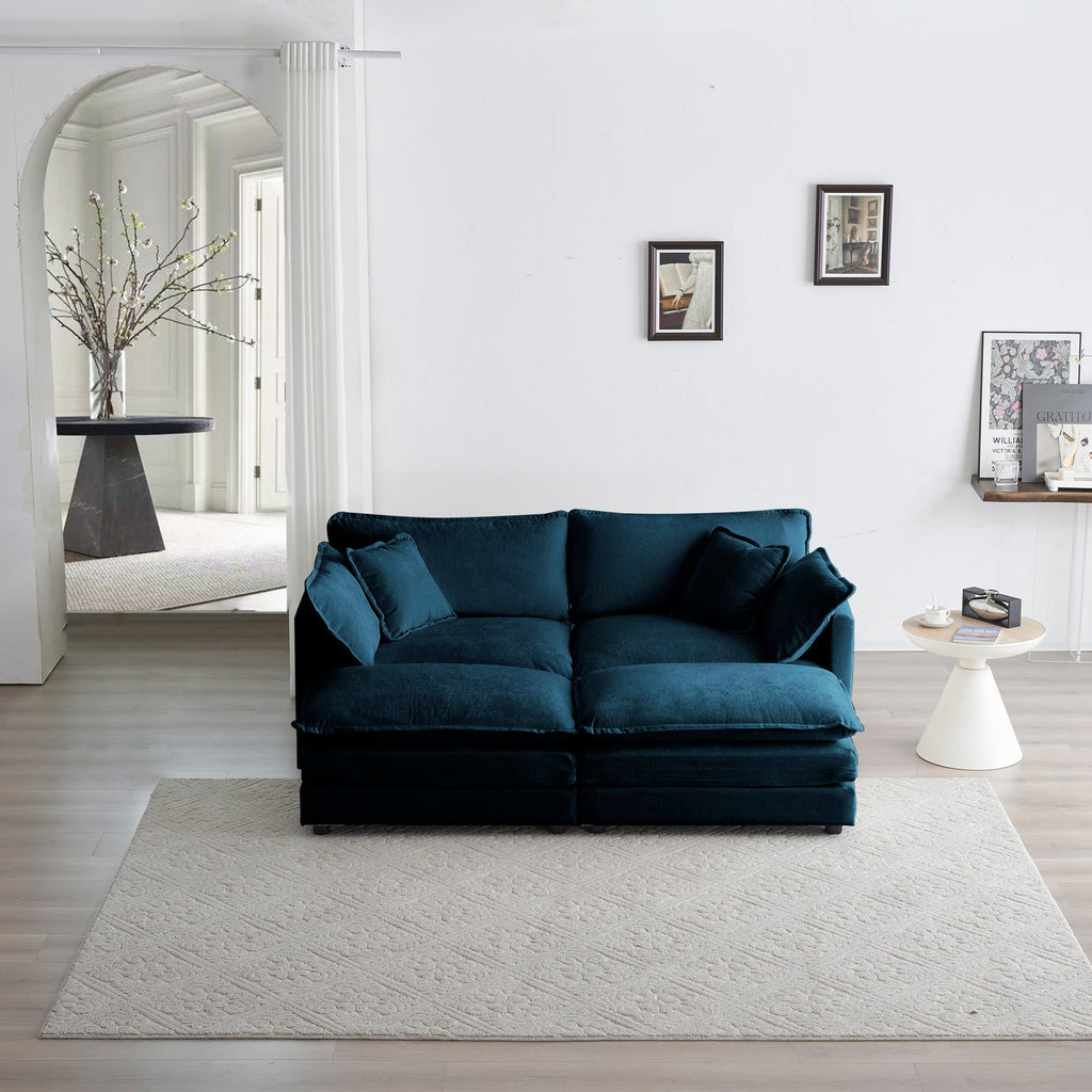 4 - Piece Upholstered Sectional Sofa, 1 - Piece of 2 Seater Sofa and 2- Piece of Ottomans , 2 Seater Loveseat Lounge with Ottomans , Blue Chenille