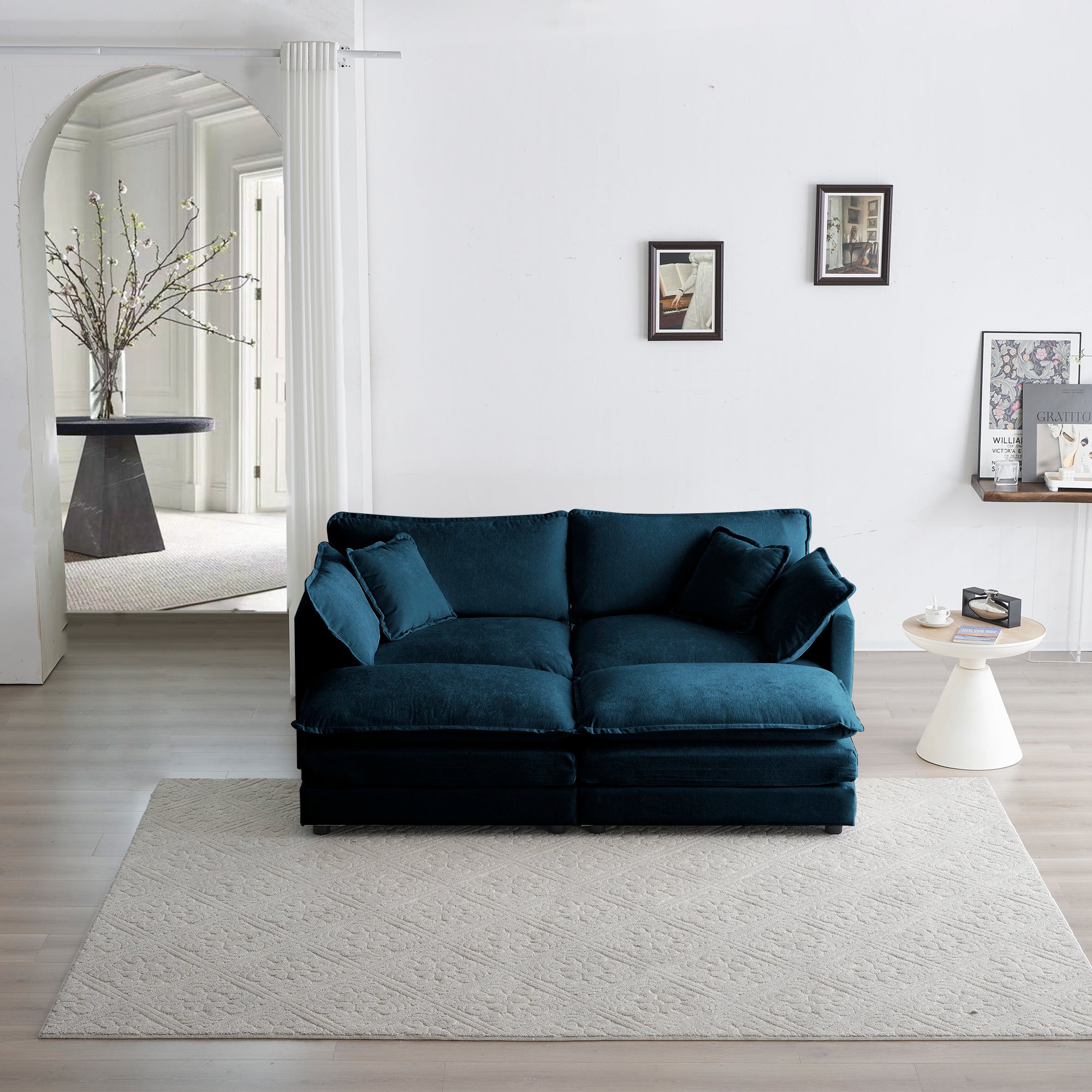 4 - Piece Upholstered Sectional Sofa, 1 - Piece of 2 Seater Sofa and 2- Piece of Ottomans , 2 Seater Loveseat Lounge with Ottomans , Blue Chenille