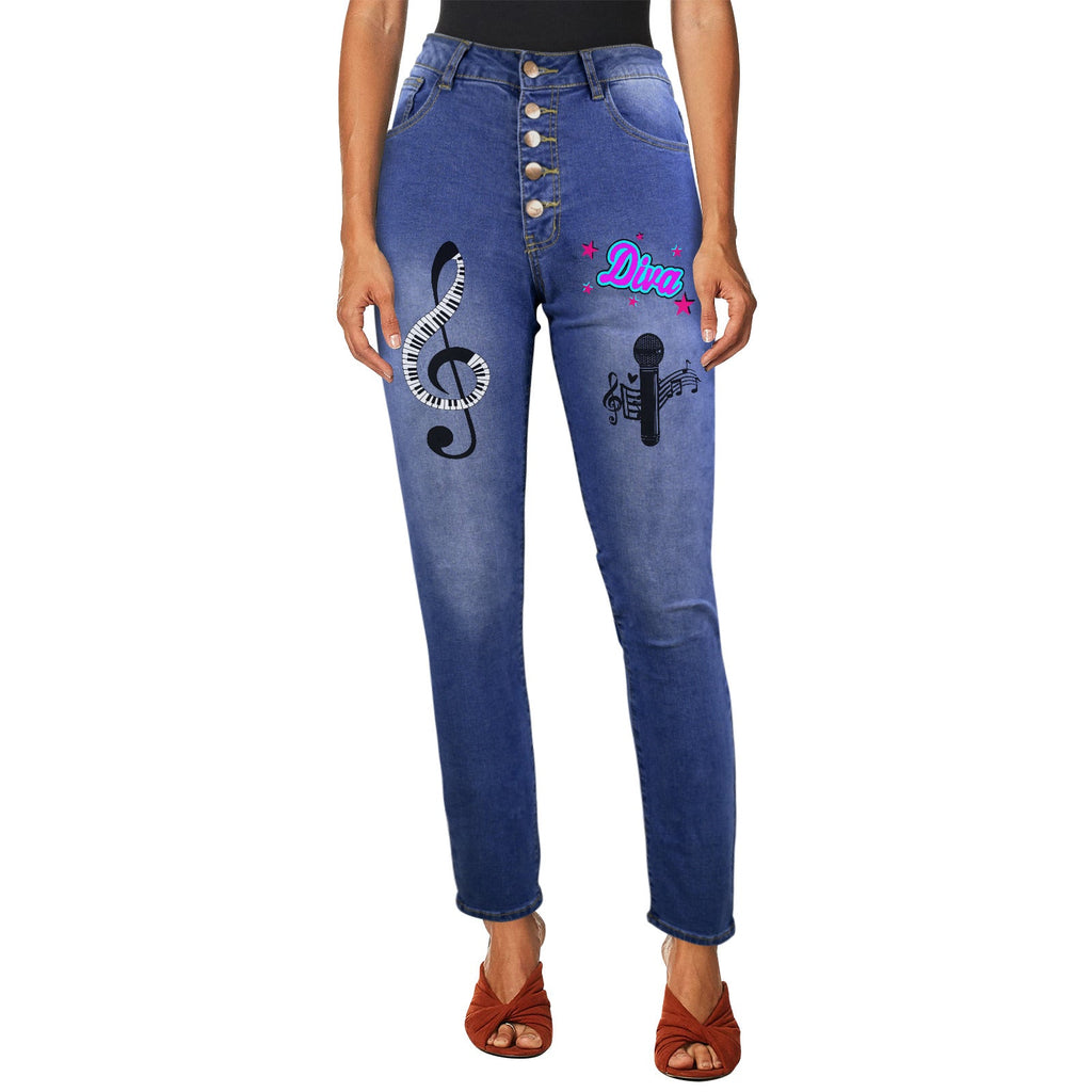 Women's Musical Diva Decorated Jeans with Front Printing