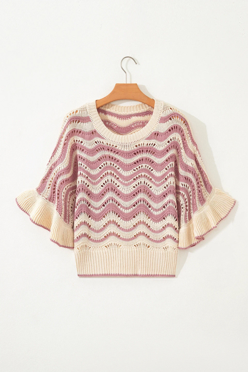 Wavy Stripe Ruffle 3/4 Sleeve Crochet Sweater