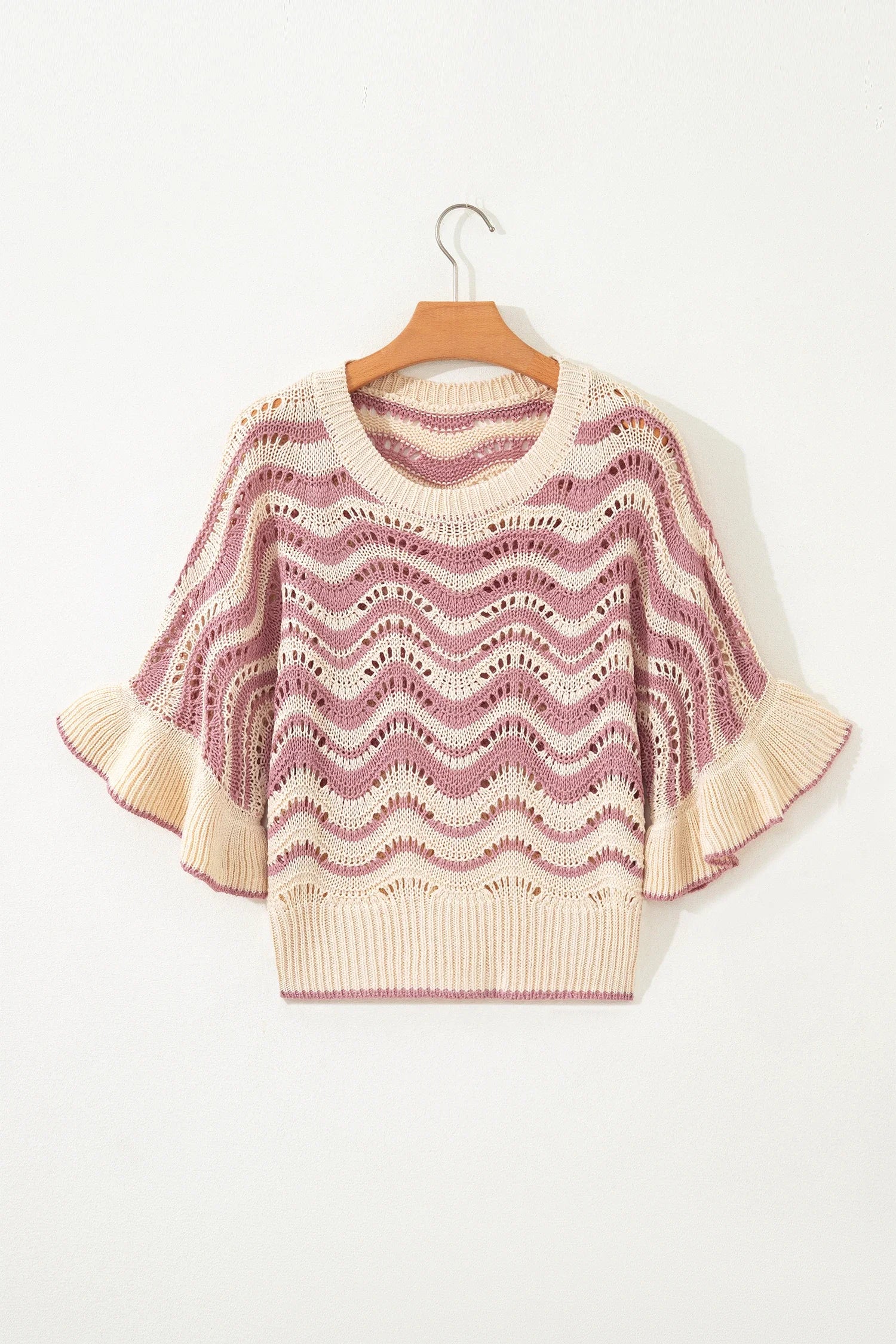 Wavy Stripe Ruffle 3/4 Sleeve Crochet Sweater