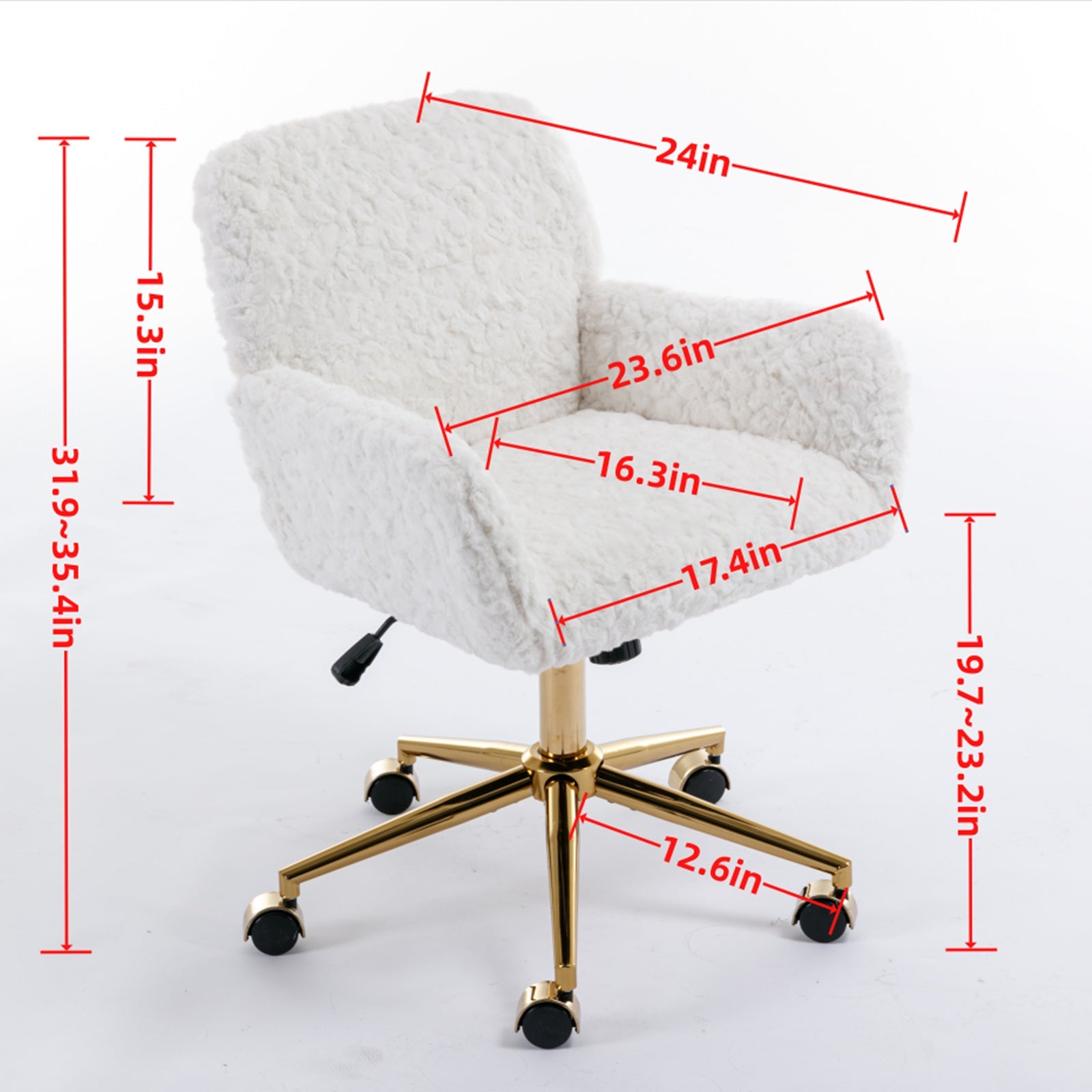 A&A Furniture Artificial Rabbit Hair Office Chair with Golden Metal Base, Adjustable Swivel Vanity Chair, Beige Velvet