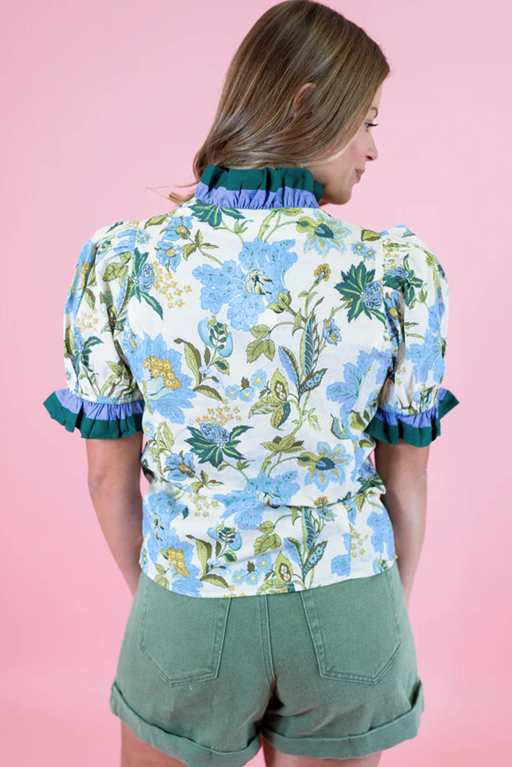 Floral Contrast Frill Stripe Trim Blouse