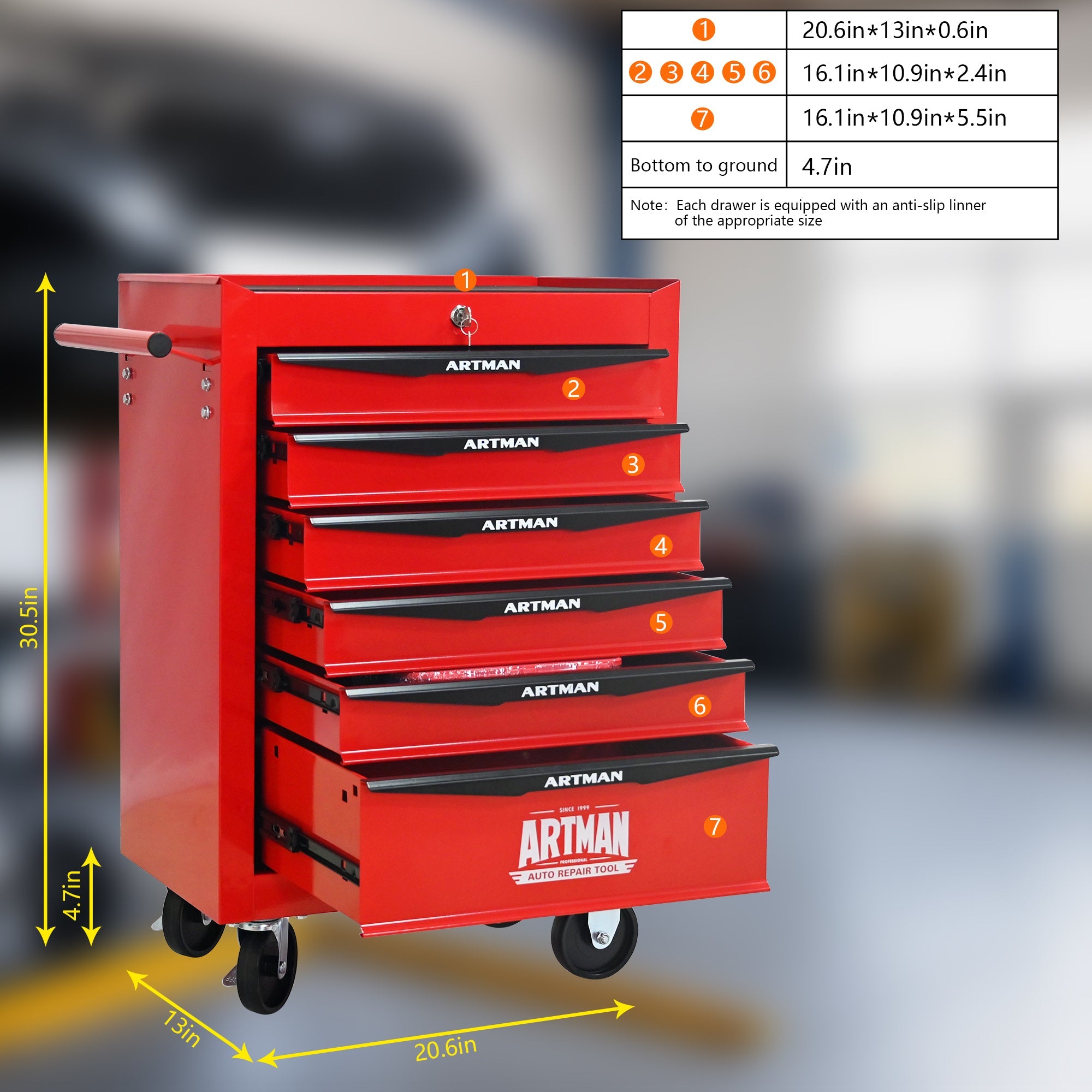 Rolling Metal Tool Chest with 6 Drawers, 20' Steel Storage Cabinet with Ball Bearing Slides, Red and Black Finish