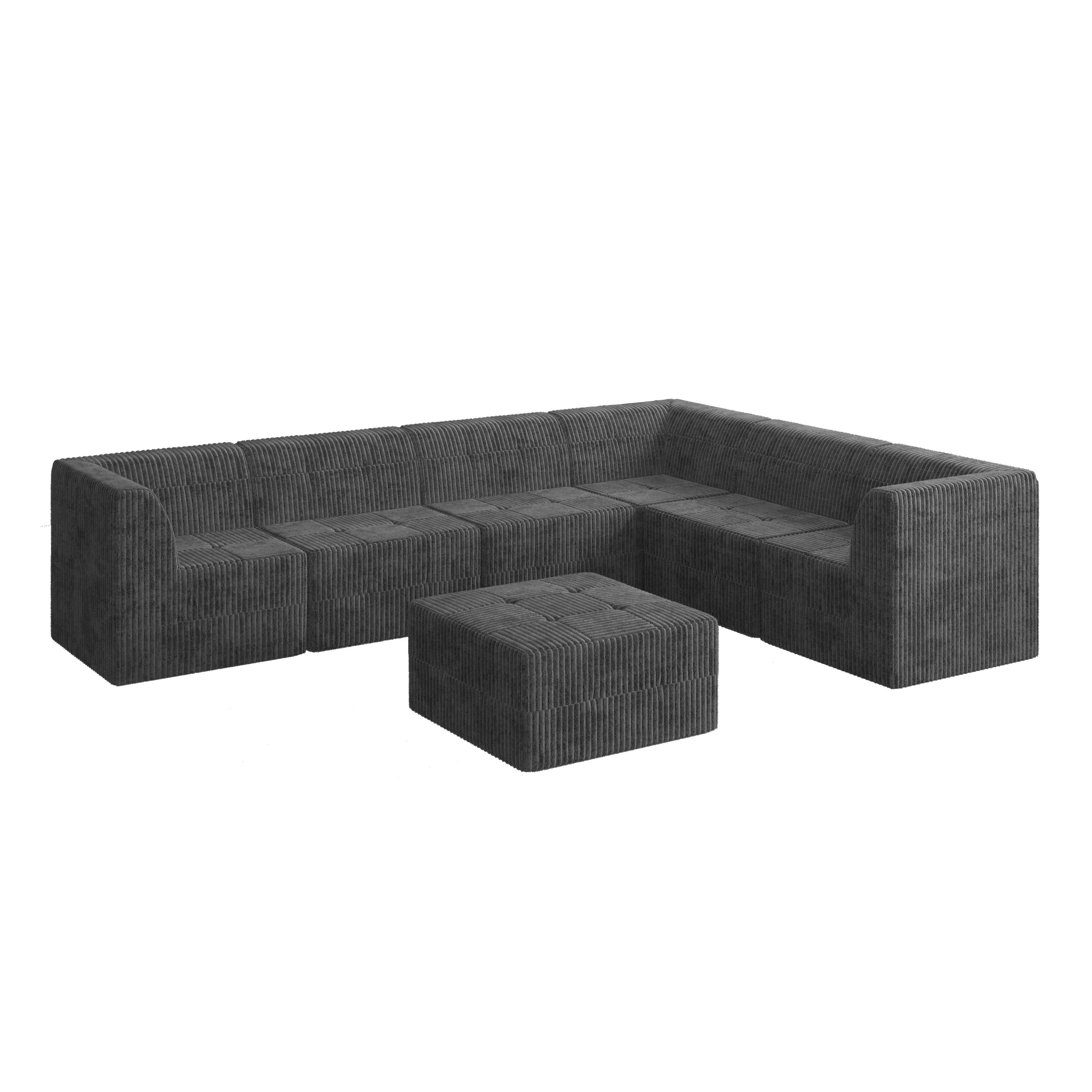 L shape Modular Sectional Sofa,DIY Compressed Sectional Sofa Modern Minimalist Style Corduroy Couch, Sleeper Sofa for Living Room, Bedroom, Comfy Compressed Sofa Couch Space-Efficient Design-GREY