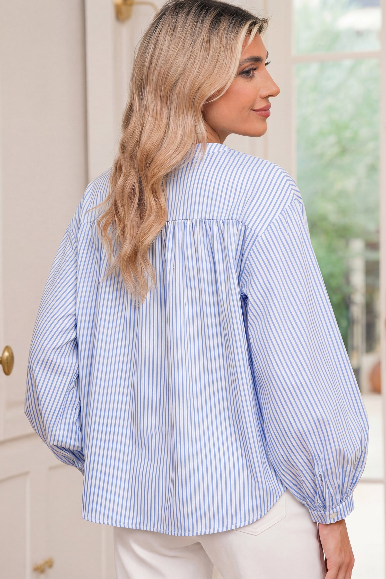 Floral Embroidered Stripe Billowy Sleeve Tunic Shirt