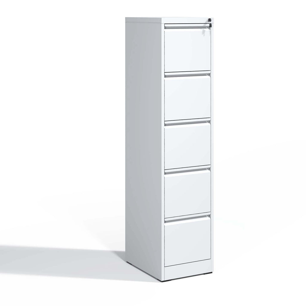 SteelCraft Pro 5 Drawer Metal Vertical File Cabinet with Lock in White for A4 Legal/Letter Size