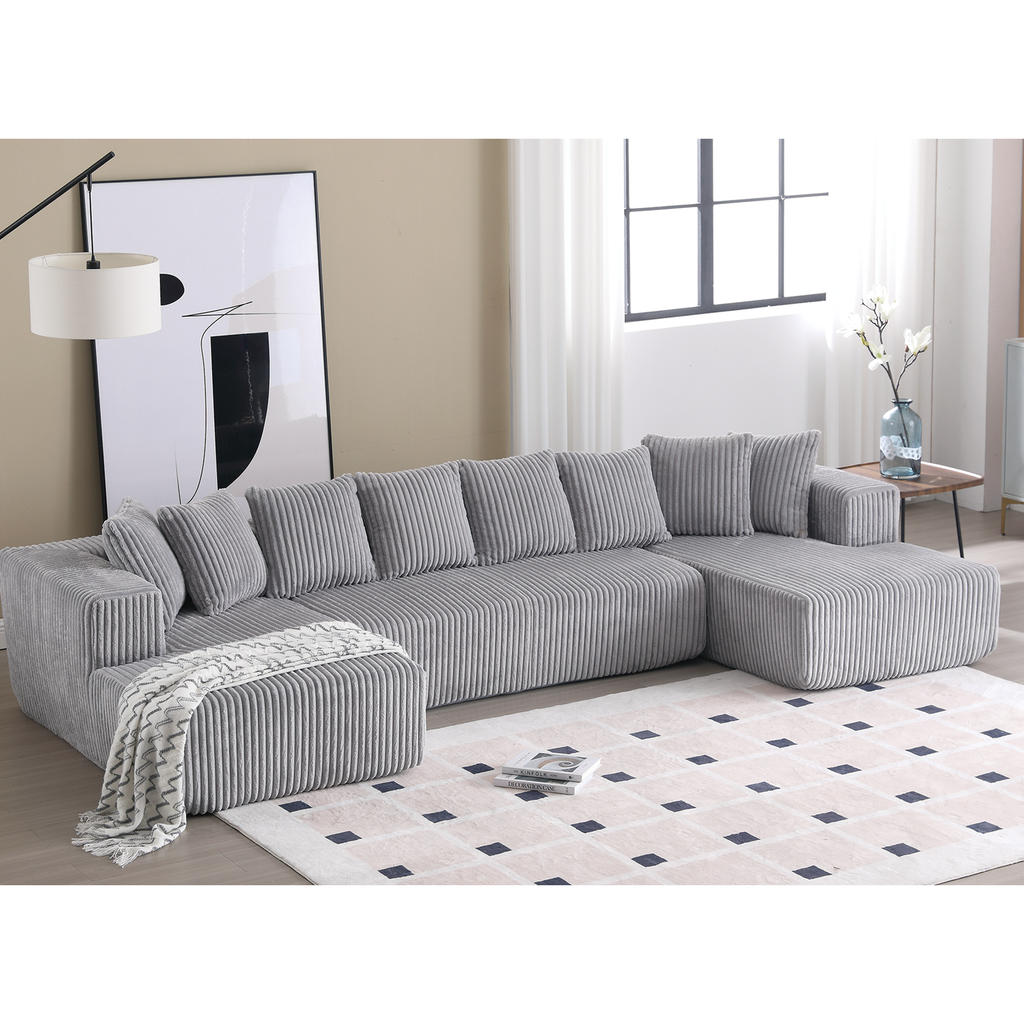 [NEW ARRIVED] [VIDEO PROVIDED]133.45'' Modular Sectional Couch, U-shaped sofa , Chaise Lounge, Striped fabric,Upholstered 4 Seater Couch for Living Room, Free Combination Sofa (Corduroy), Gray