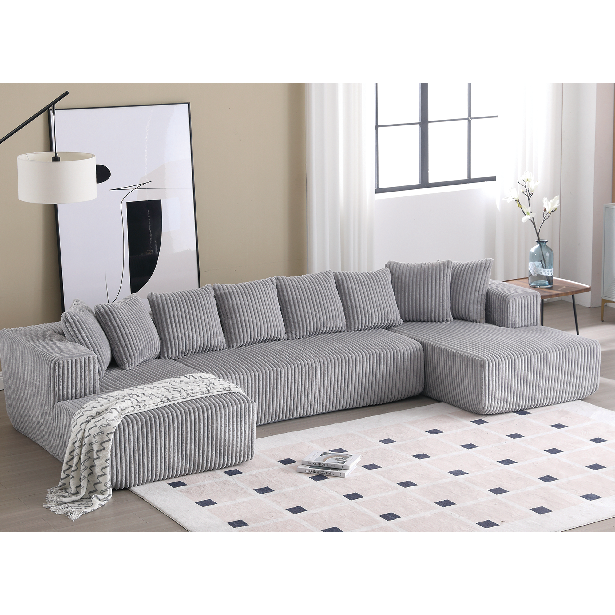 [NEW ARRIVED] [VIDEO PROVIDED]133.45'' Modular Sectional Couch, U-shaped sofa , Chaise Lounge, Striped fabric,Upholstered 4 Seater Couch for Living Room, Free Combination Sofa (Corduroy), Gray
