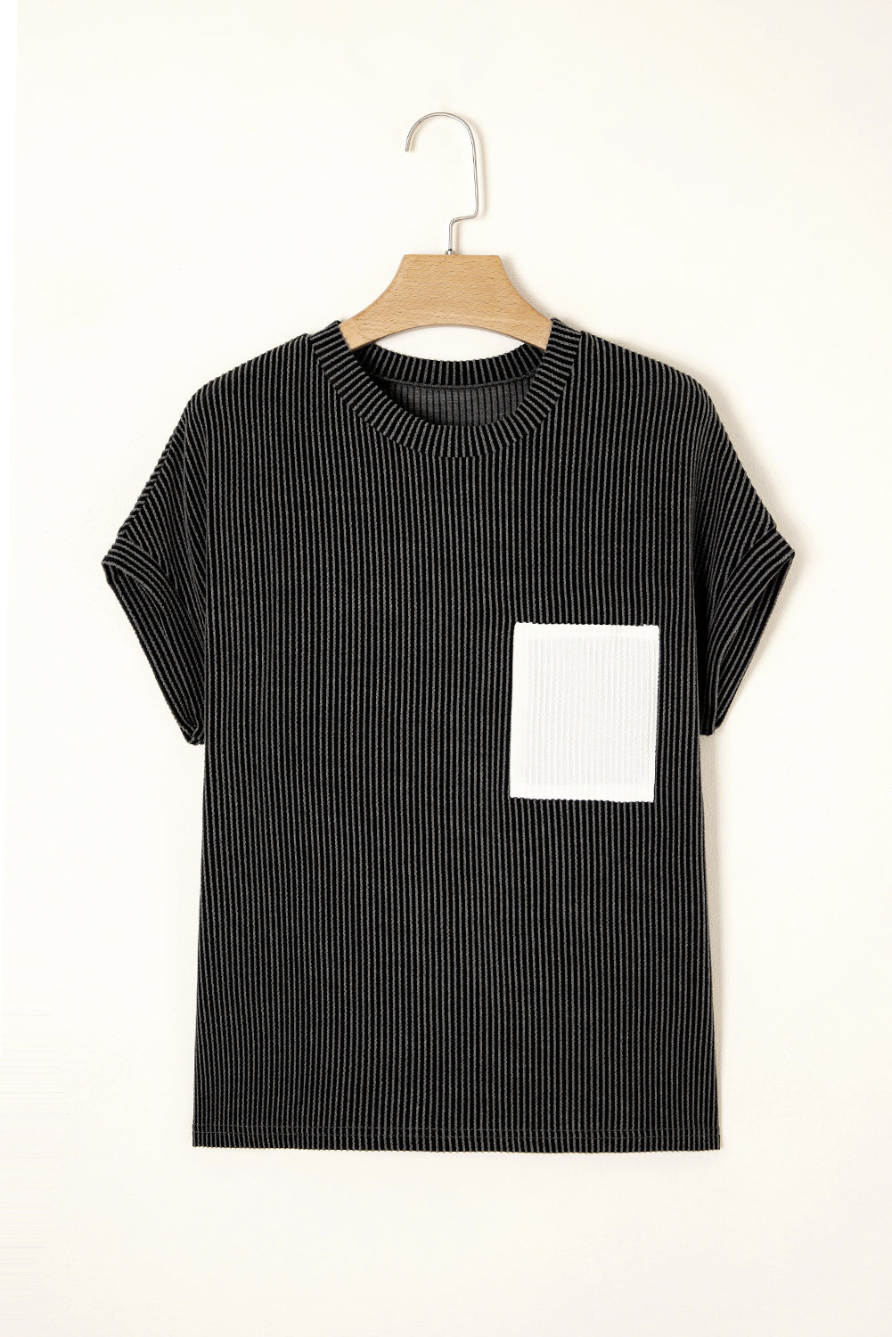 Colorblock Corded Knit Pocketed Crew Neck T-Shirt