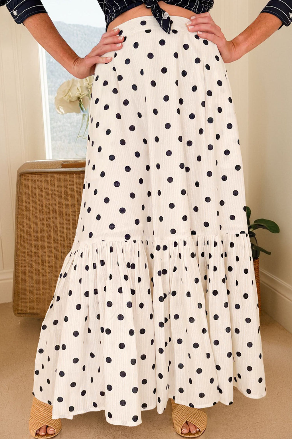 Polka Dot Ruffle Side Slit Maxi Skirt