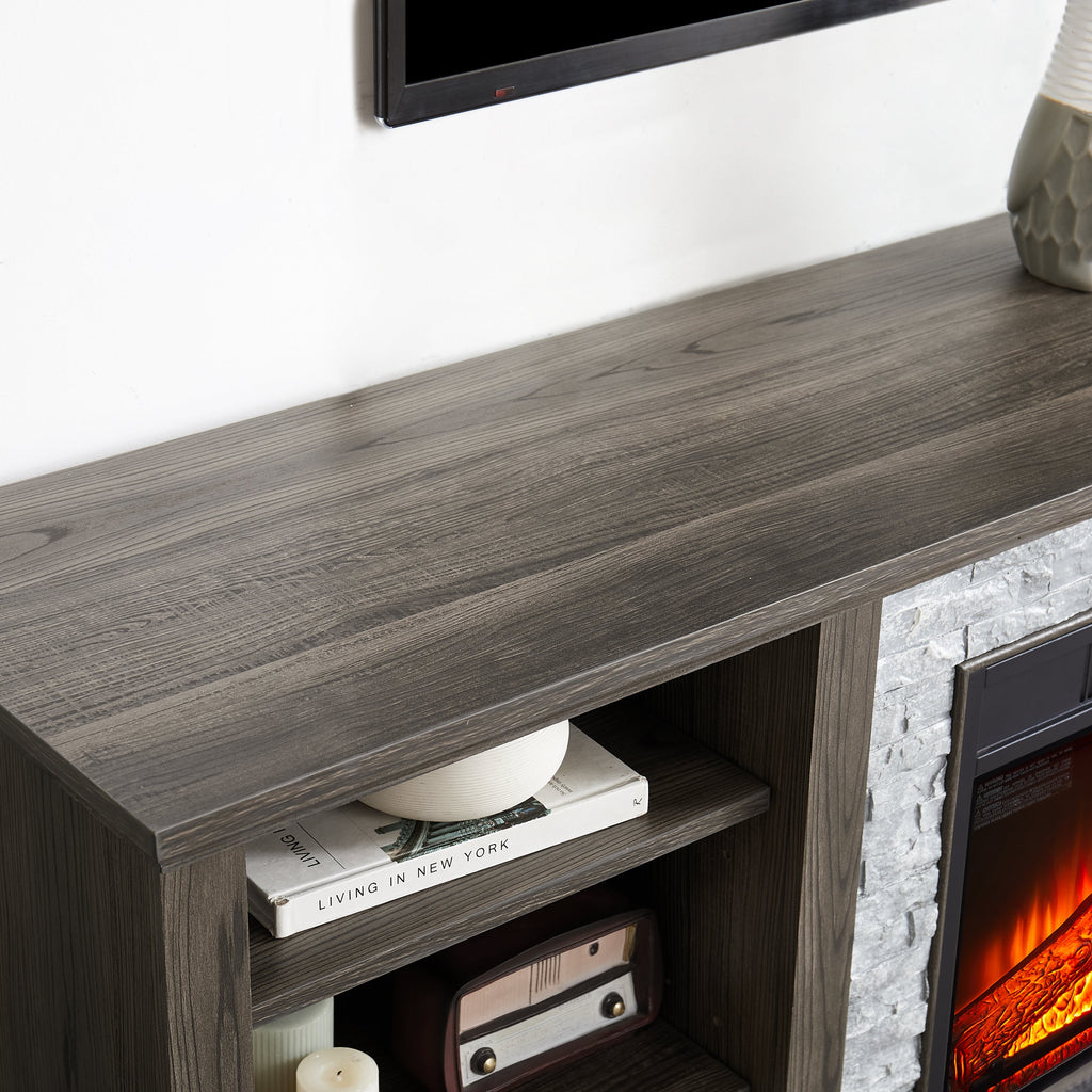 Mantel Electric Fireplace Stone TV Media Stand with Faux Stacked Stone Surround, Modern Entertainment Console with Open Storage Space with 18' Fireplace Insert ,Grey, 58.31'W*15.39'D*26.06'H