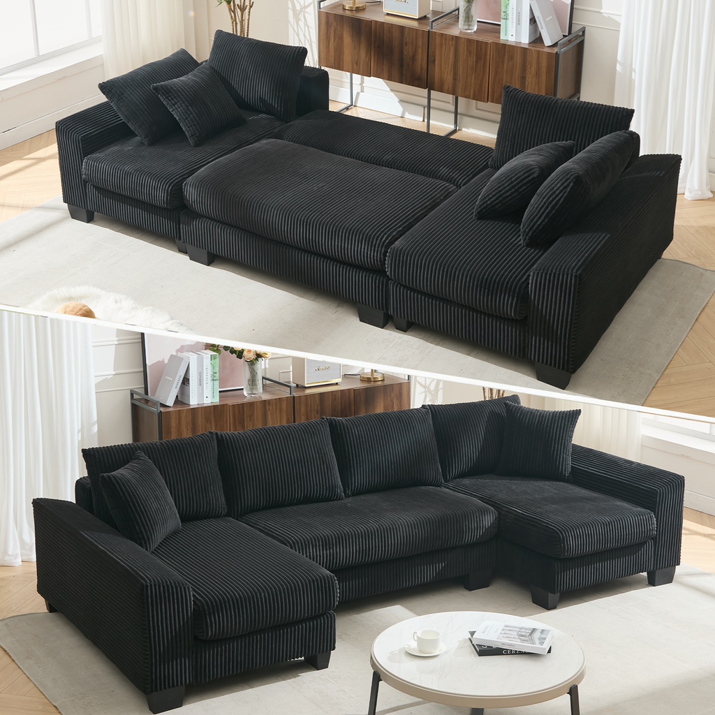 [NEW ARRIVED] [VIDEO PROVIDED]   114' Sleeper Sofa,U Shaped Sofa , Pull Out Bed,Convertible Oversize 2 in 1 Sleeper Sofa, Living Room,Upholstery Sofa Bed,Adjustable Sleeper Sofa,Corduroy,Black