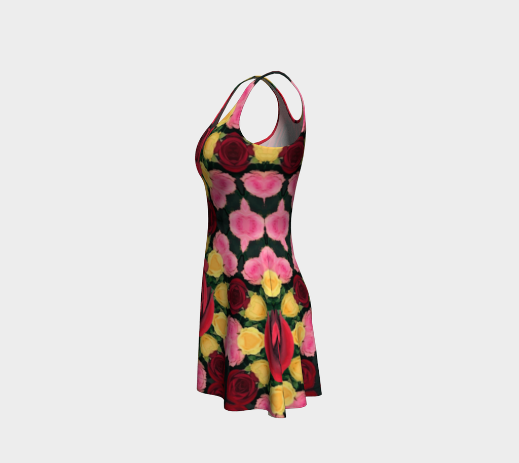 Women's Red and Yellow Roses Flared Bottom Mini Dress
