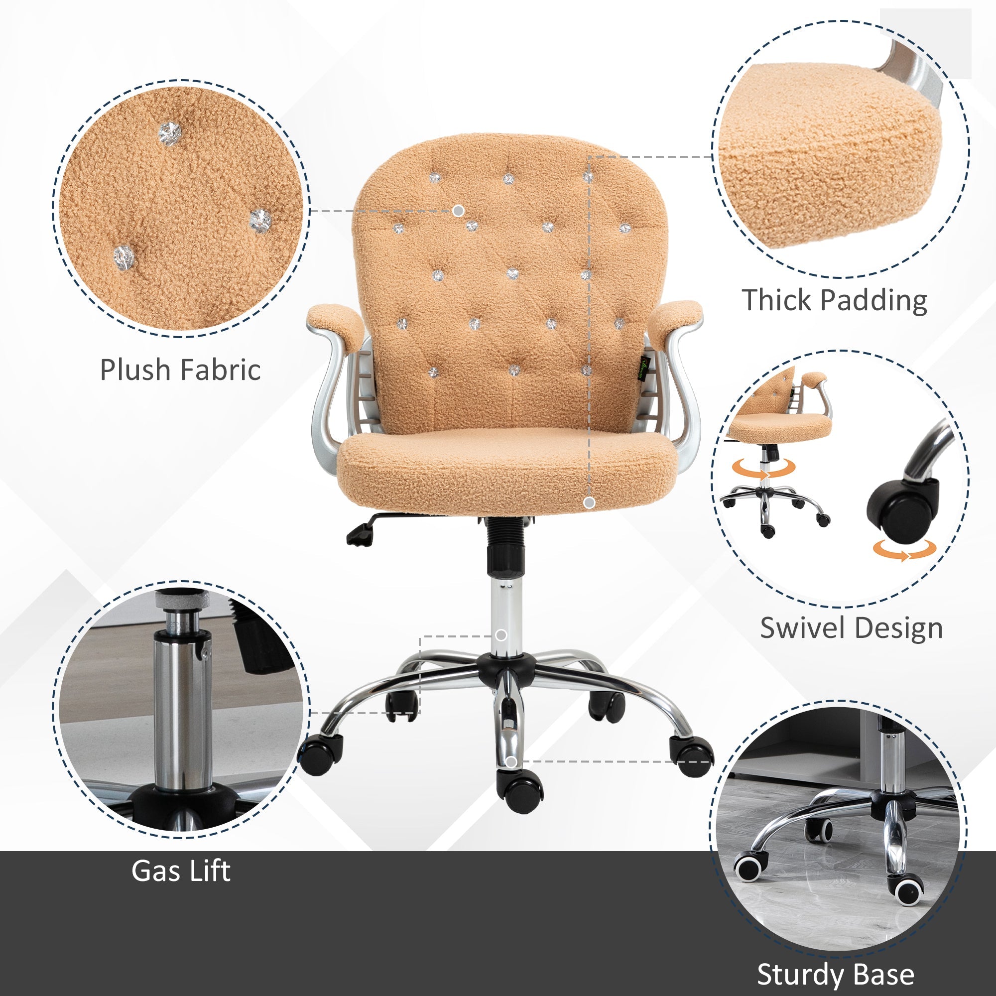 Vinsetto Teddy Fleece Home Office Chair, Button Tufted Desk Chair with Padded Armrests, Adjustable Height and Swivel Wheels, Khaki