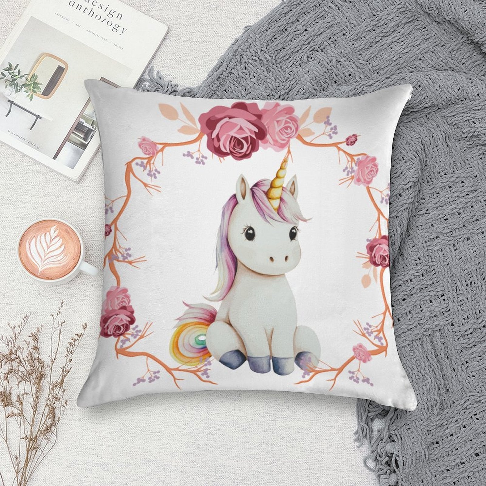 Baby Unicorn with Pink Roses Ultra-soft Pillowcase - 18" × 18"