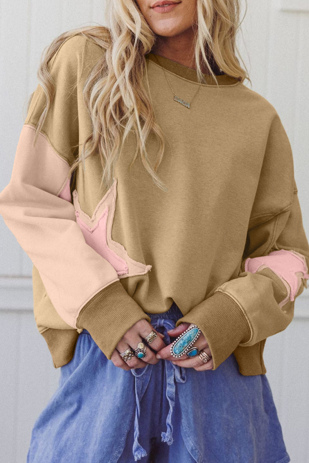 Rose Pink Star Patchwork Sweatshirt With Uneven Hem Design