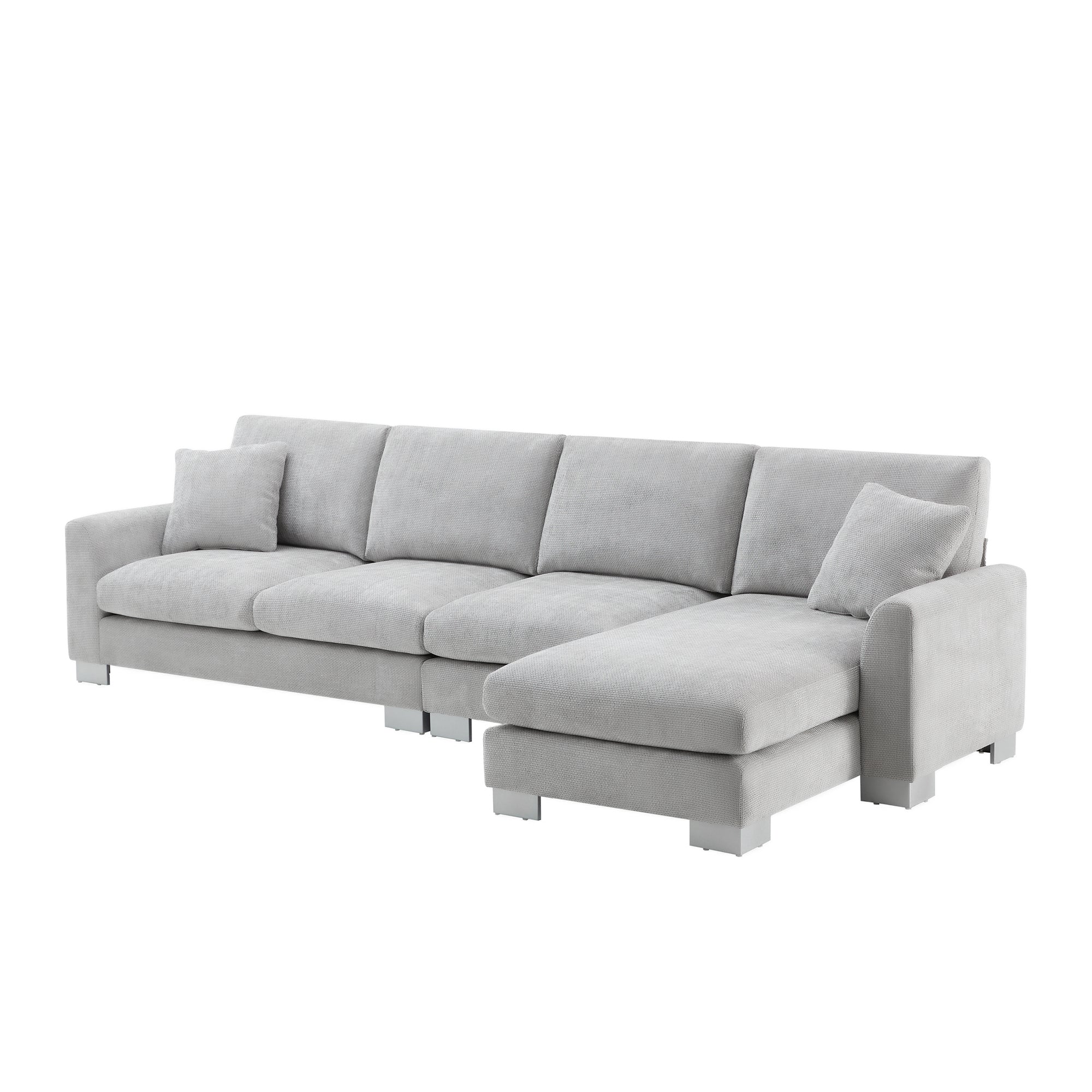 Modern Oversized L-shaped Sectional Sofa with Chaise and Free Pillows, Chenille Fabric, 119*55 Inches, Light Gray