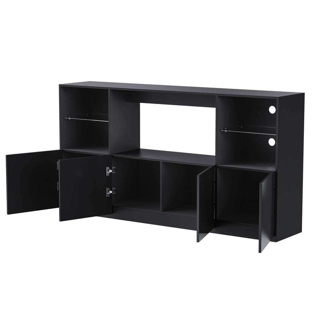 ON-TREND High Gloss TV Stand with LED Lights, Modern Sideboard with Large Storage Cabinet, Media Console with Tempered Glass Shelves for TVs up to 75', Living Room, Black, 67'Wx13.7'D