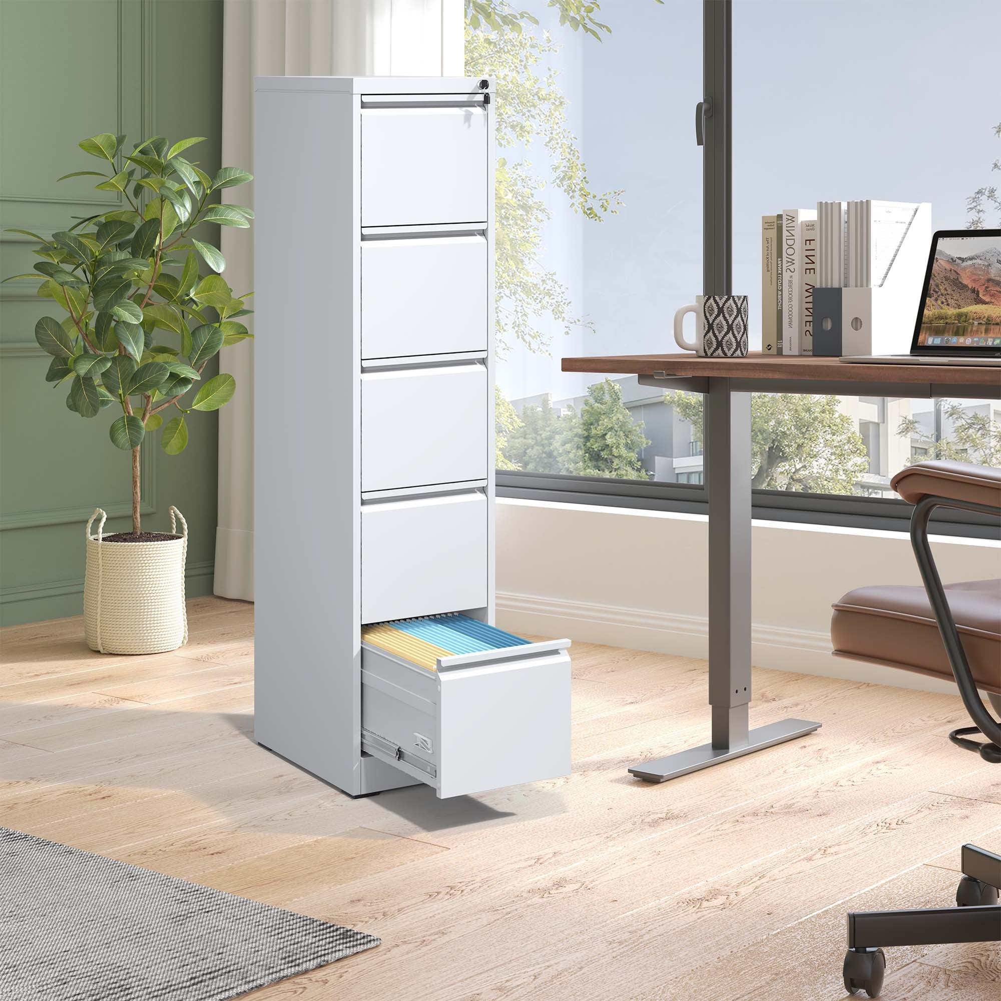 SteelCraft Pro 5 Drawer Metal Vertical File Cabinet with Lock in White for A4 Legal/Letter Size