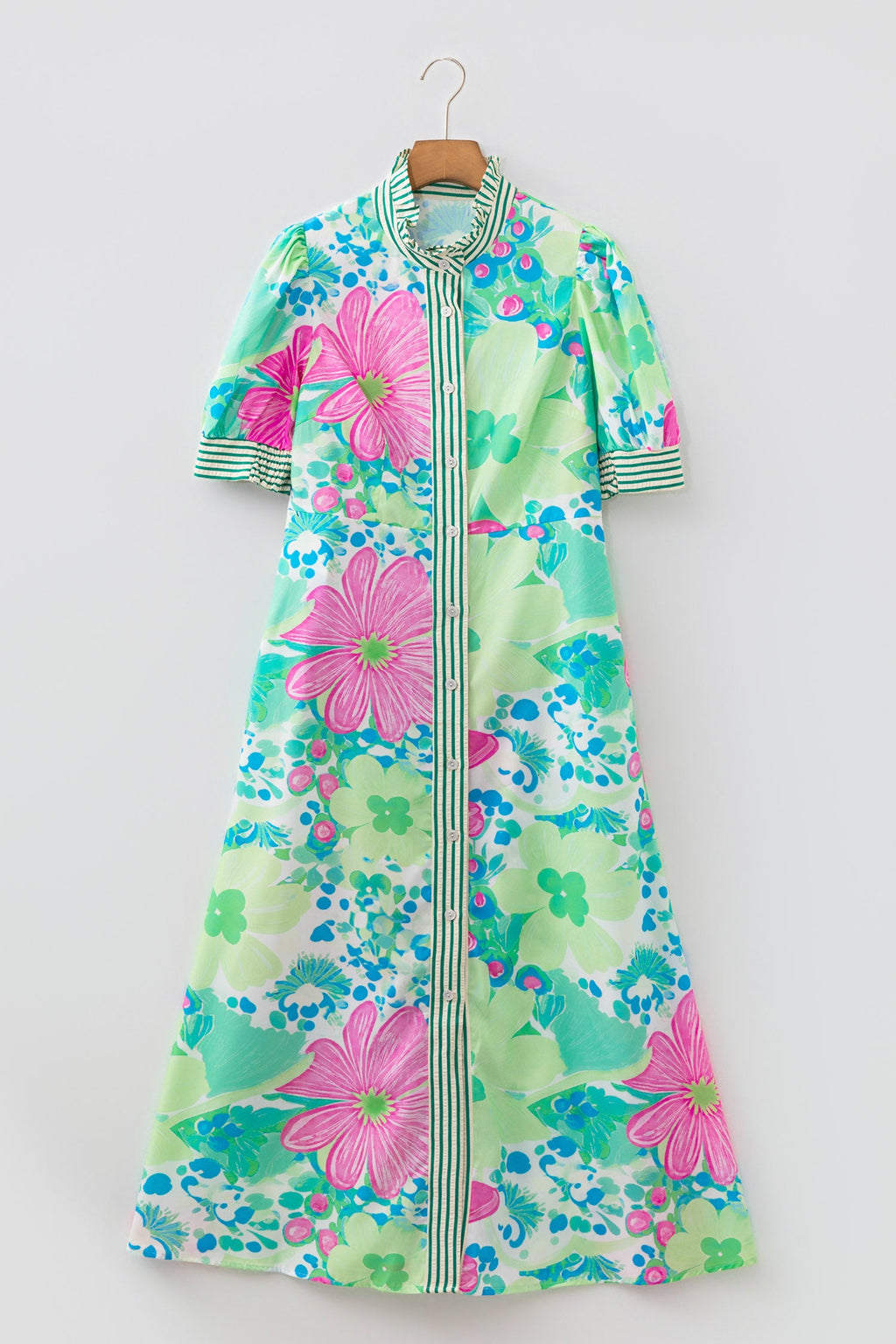 Floral Stripe Trim Button Down Vacation Dress