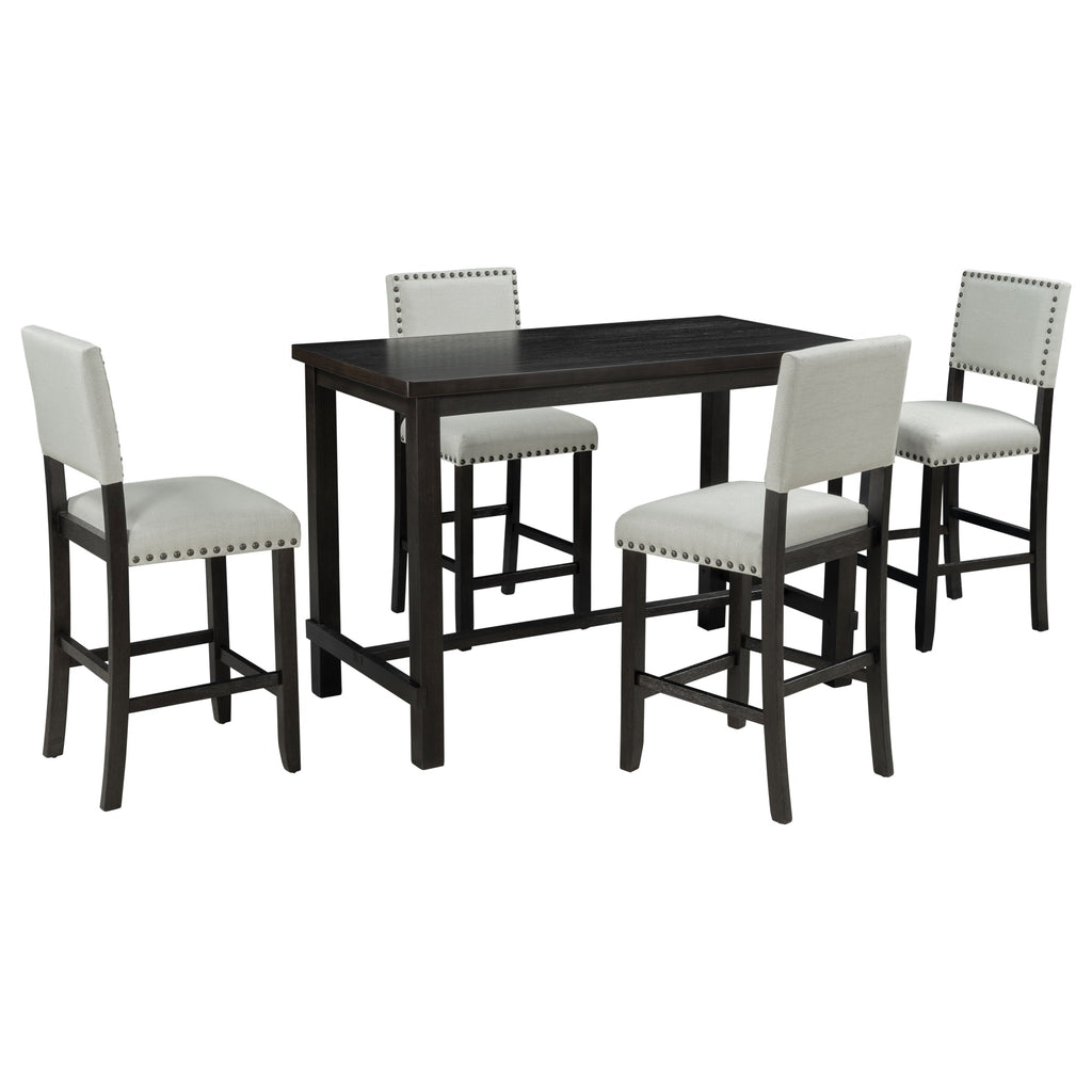 TREXM Classic Elegant 5-Piece Counter Height Dining Set with Table and 4 Chairs in Espresso and Beige