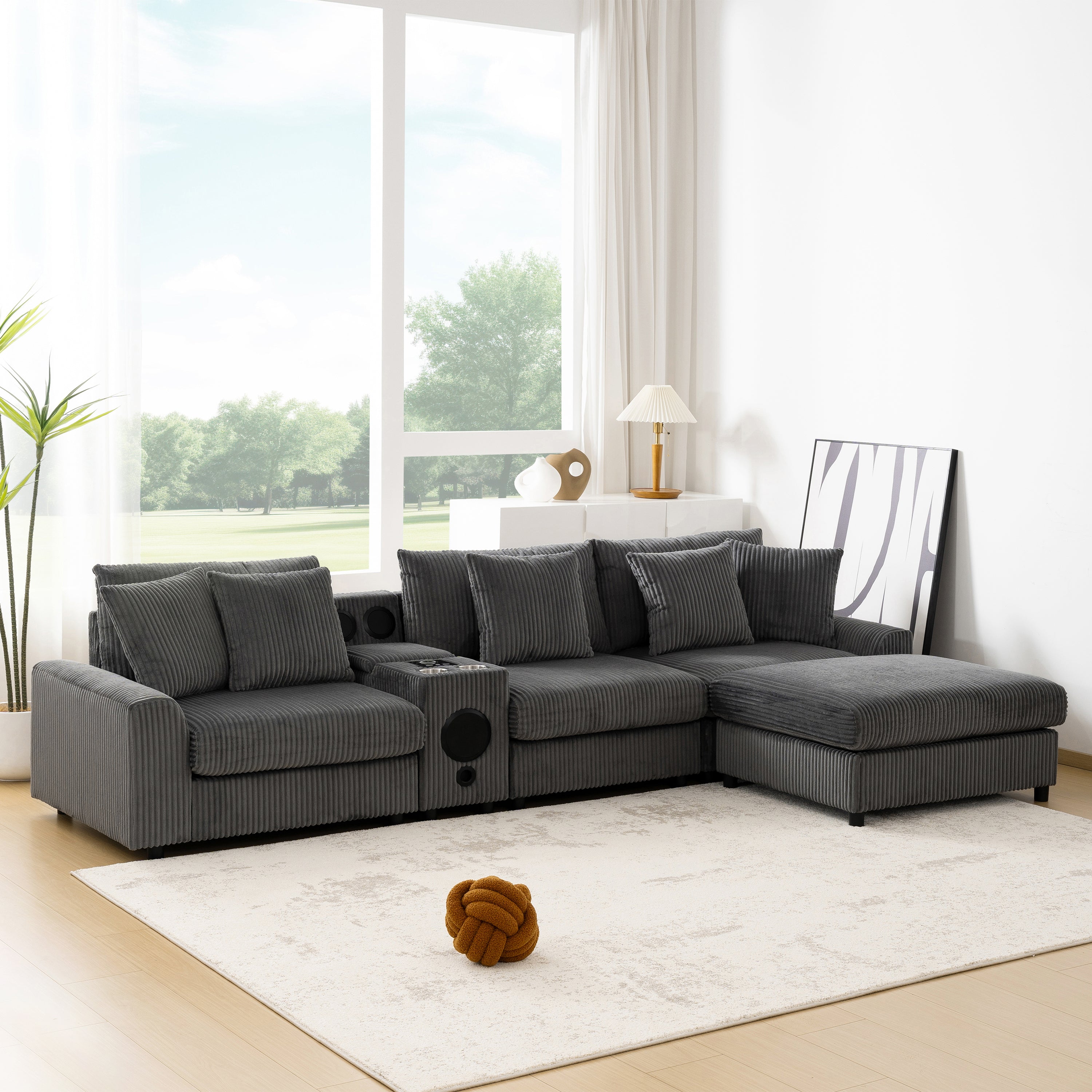 Modular Corduroy Sectional Sofa with Bluetooth Speakers, USB Charger, Cup Holders, Storage, and Ottoman in Dark Gray