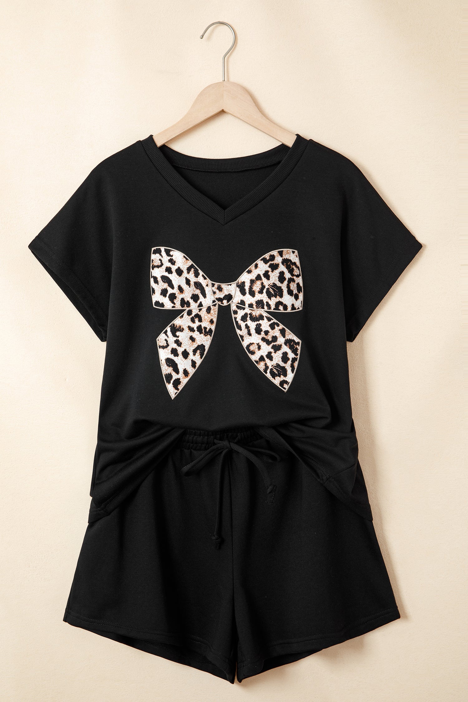 Leopard Bow Patch Tee & Drawstring Shorts Set
