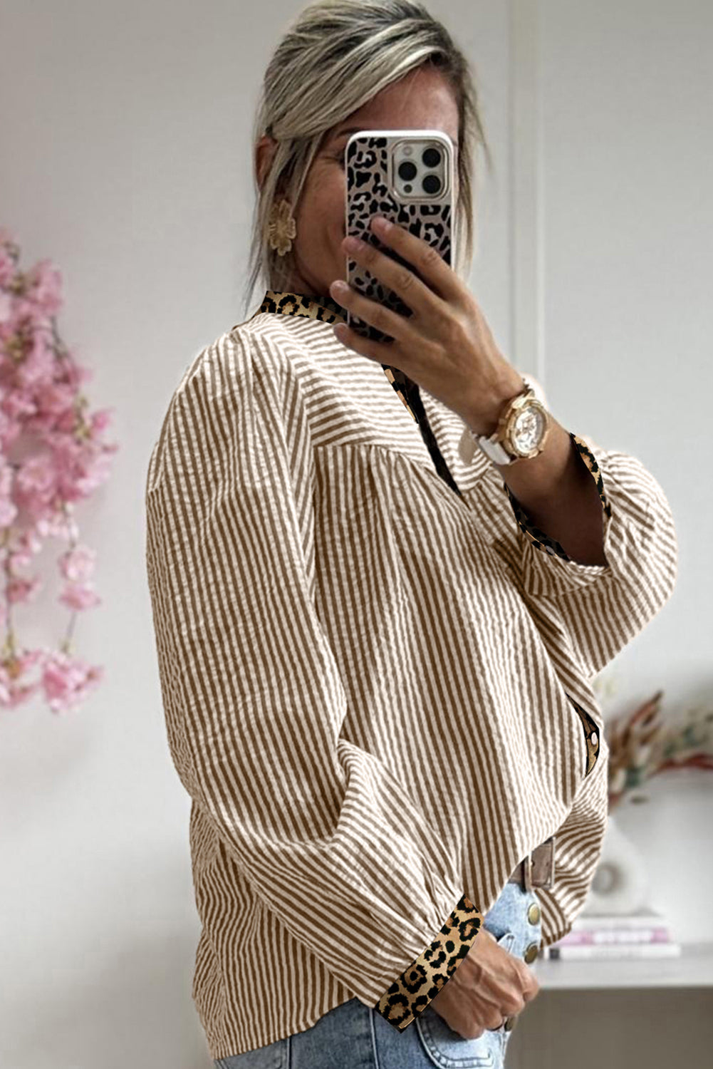 Stripe Leopard Patchwork Long Sleeve Shirt