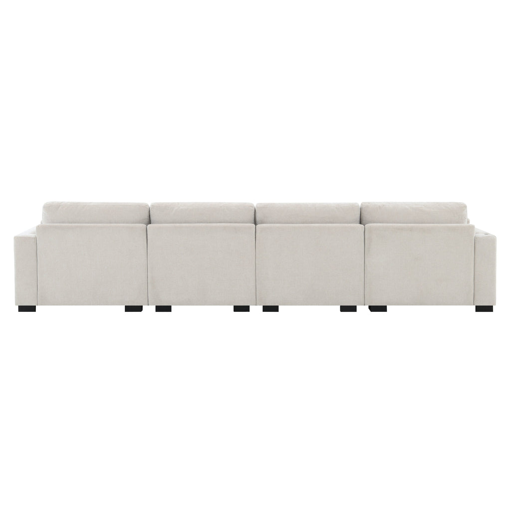[VIDEO]130' Modular Sectional Sofa, L-Shape with Folding Table and Dual-Port Charging, Side Storage Pockets, 2 Armrest Pillows, Free Movement Ottoman, High Density Foam, Chenille, 5 Seat, 2 Colors