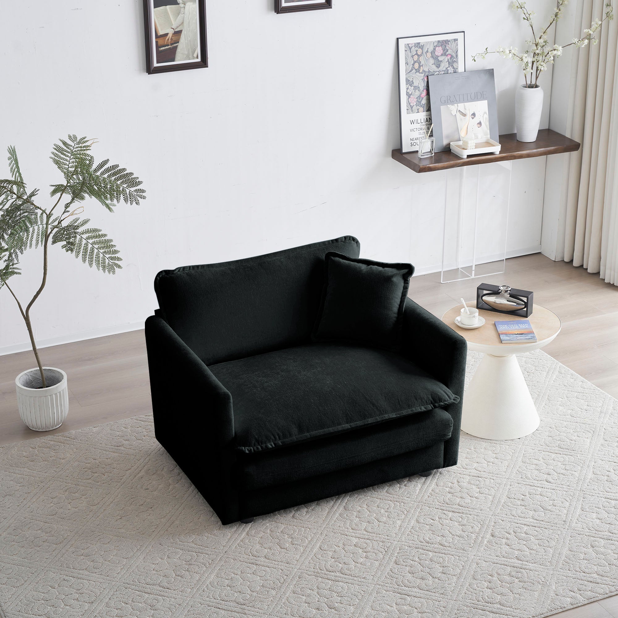 2 Seater Loveseat and Chair Set, 2 Piece Sofa & Chair Set, Loveseat and Accent Chair , 2-Piece Upholstered Chenille Sofa Living Room Couch Furniture(1+2 Seat ) ,Black Chenille